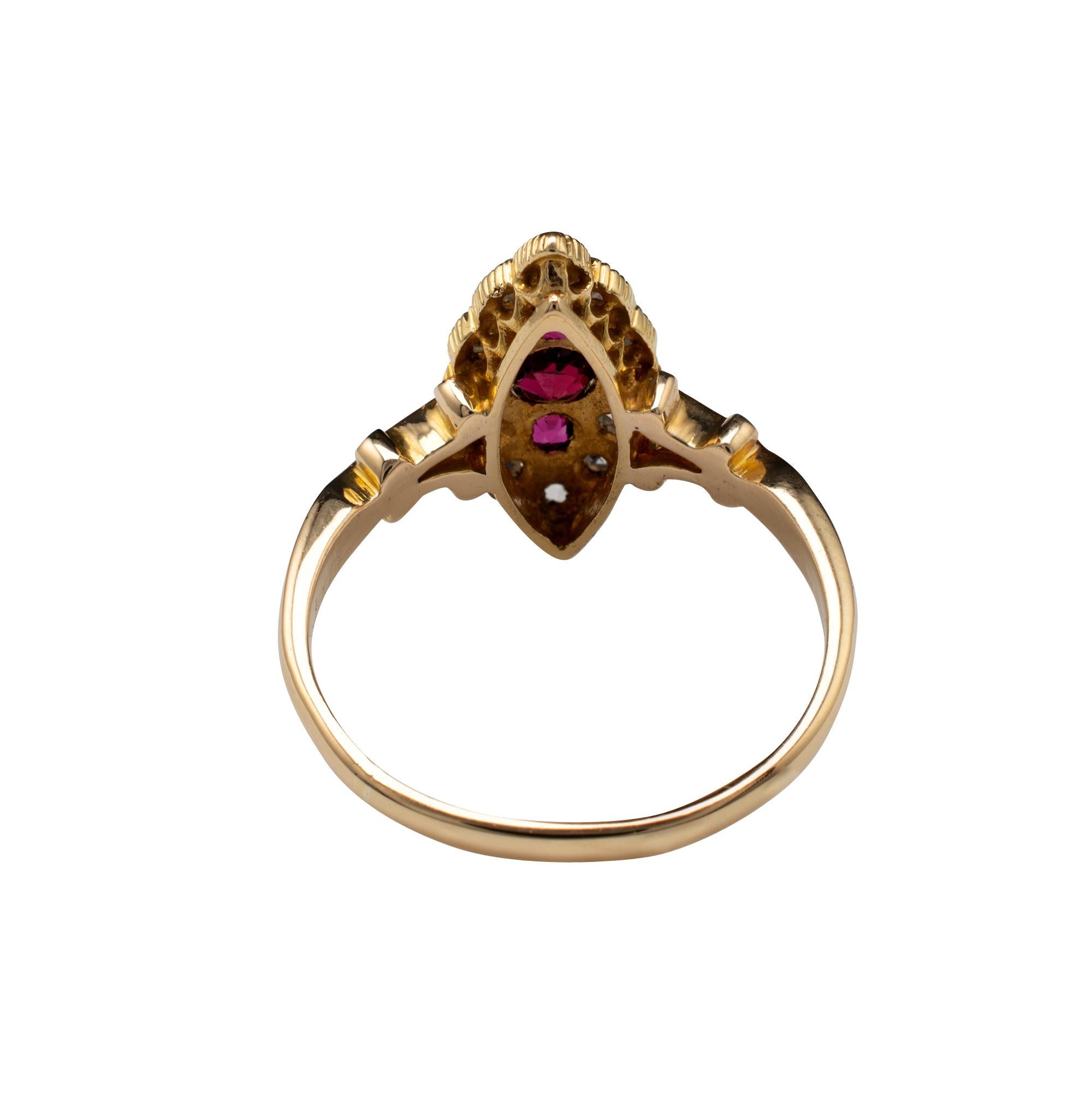 Art Deco Antique Marquise Ring Ruby and Diamond Ring, 18 Karat Gold Chester Hallmarks