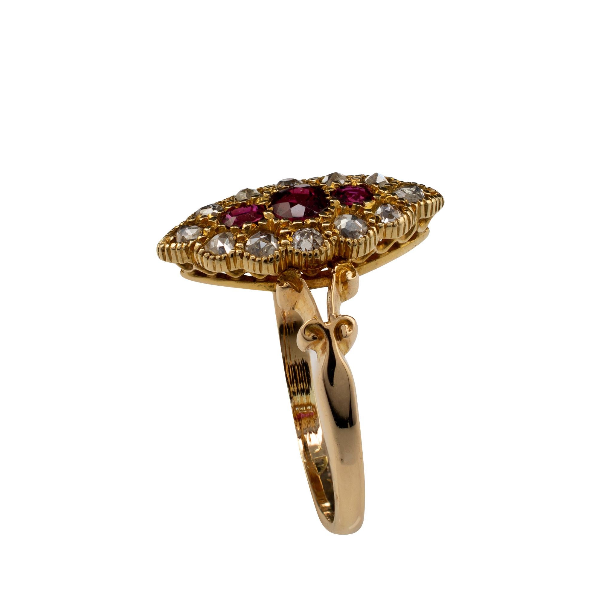 Rose Cut Antique Marquise Ring Ruby and Diamond Ring, 18 Karat Gold Chester Hallmarks