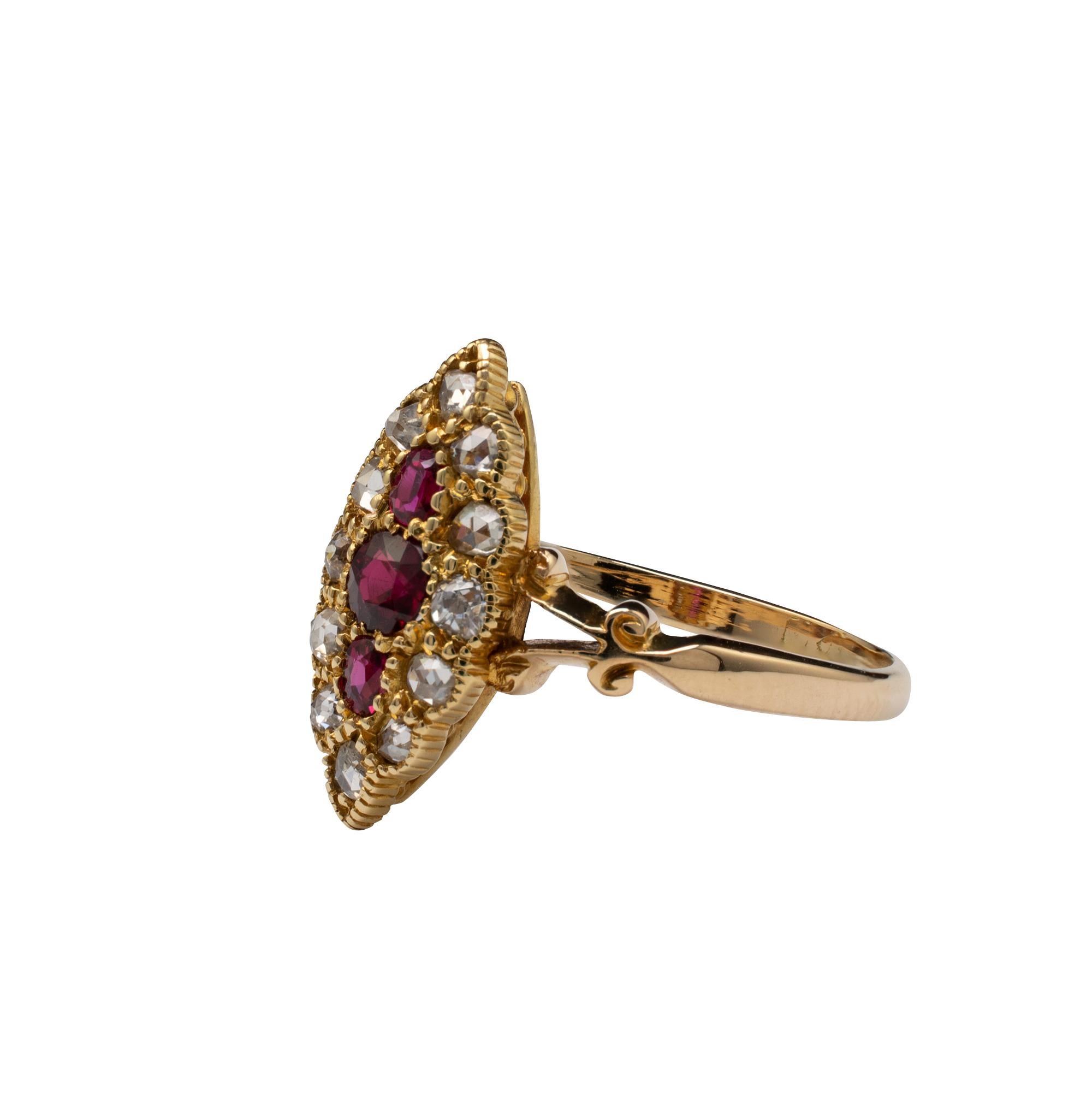 Women's or Men's Antique Marquise Ring Ruby and Diamond Ring, 18 Karat Gold Chester Hallmarks