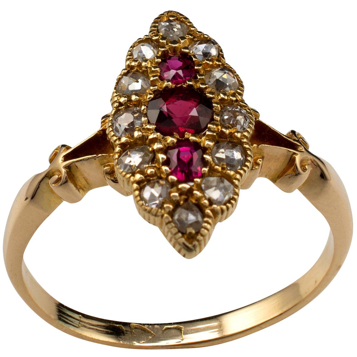 Antique Marquise Ring Ruby and Diamond Ring, 18 Karat Gold Chester Hallmarks