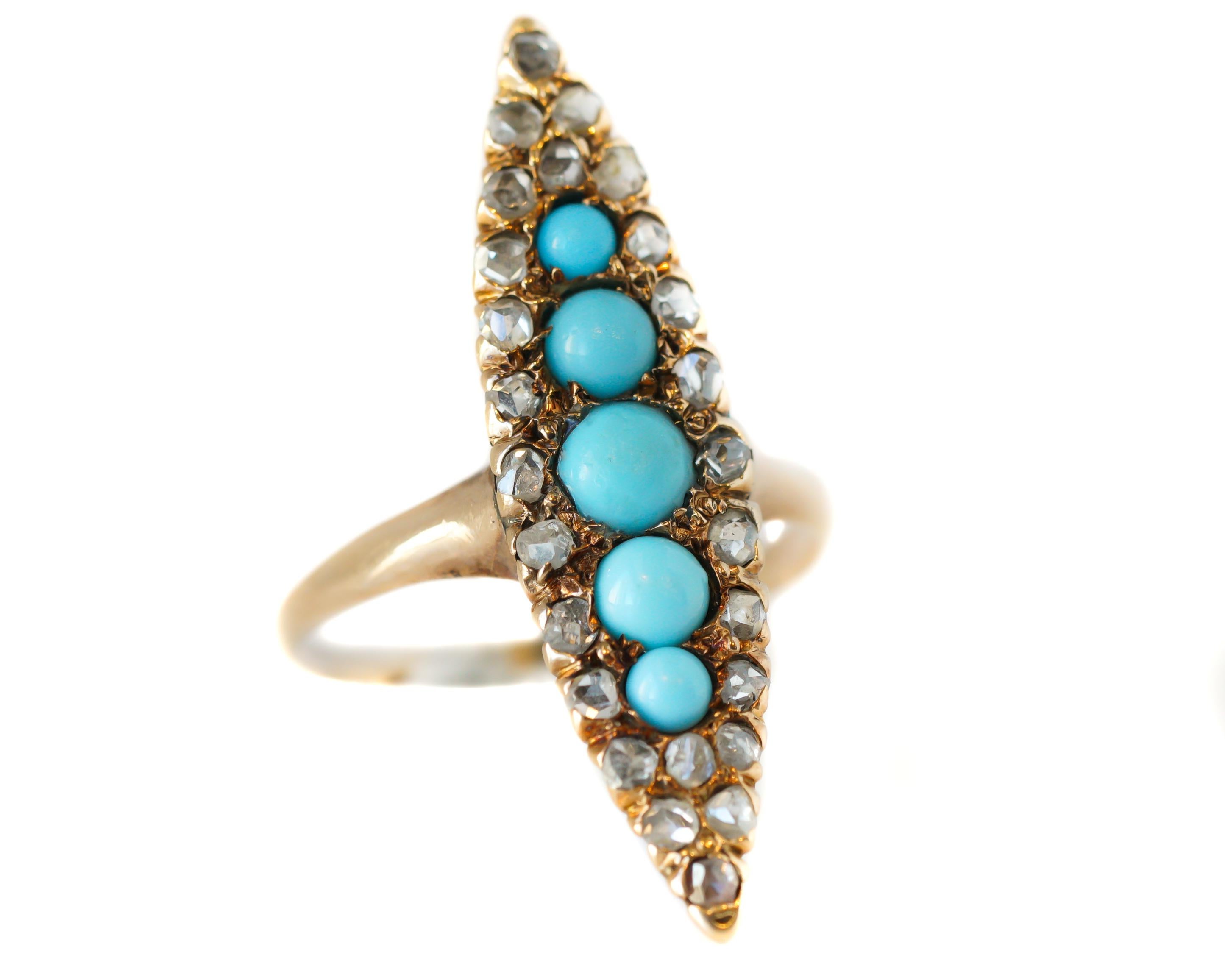1850s Georgian Marquise Ring crafted in 9 karat Yellow Gold with Turquoise and  Rose Cut Diamonds

Features:
26 Rose cut Diamonds and 5 Round Turquoise Cabochons
9 karat Yellow Gold Setting
Marquise Head
1850s Georgian Design

Ring Head measures 30
