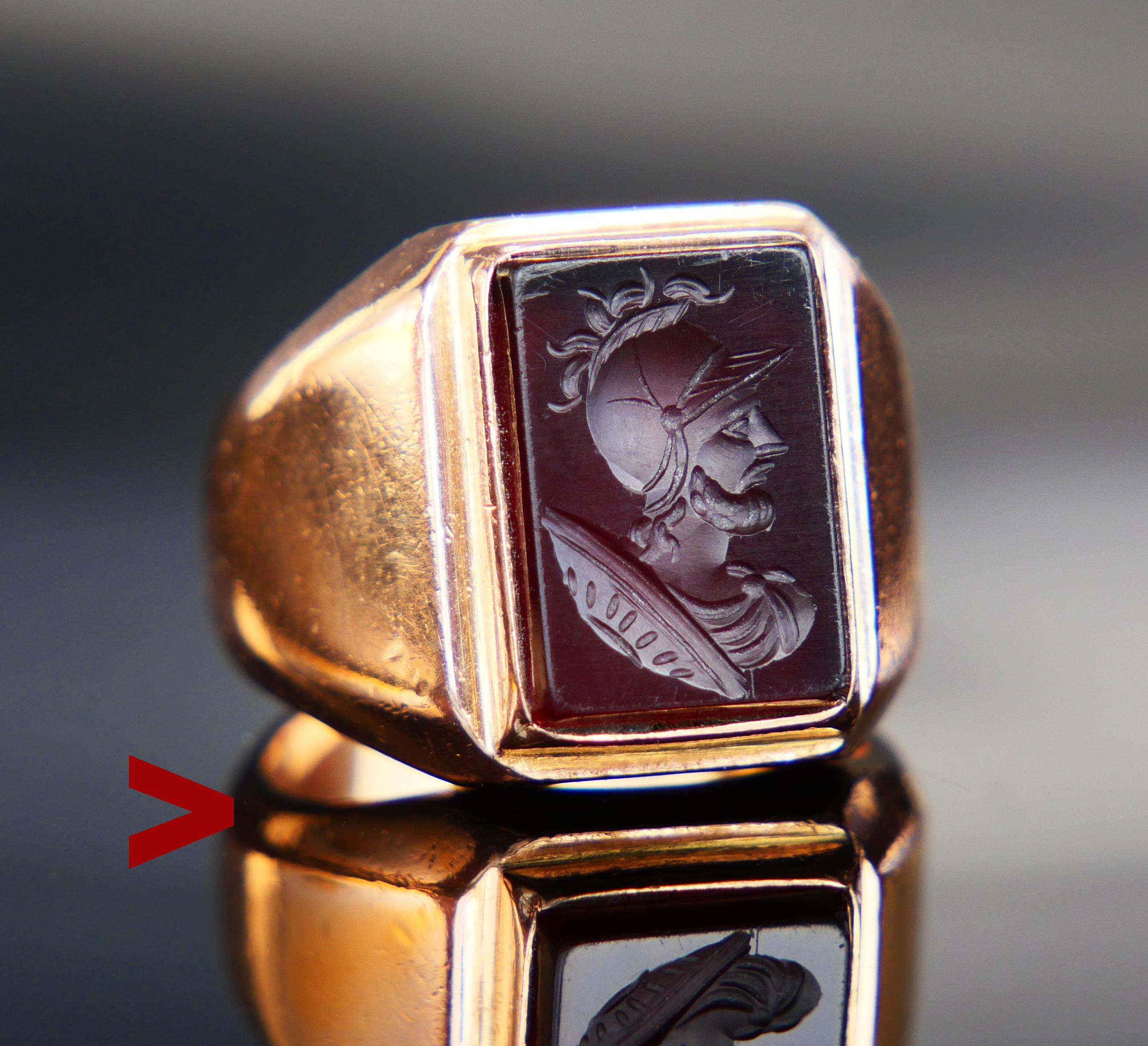Signet Intaglio Ring in solid 18K Orange / Rose / Red Gold with bezel set fine intaglio on Red Onyx depicting Greek Ares (Roman Mars ) - God of War and also an agricultural guardian. Hand - carved with great accuracy and attention to detail on solid