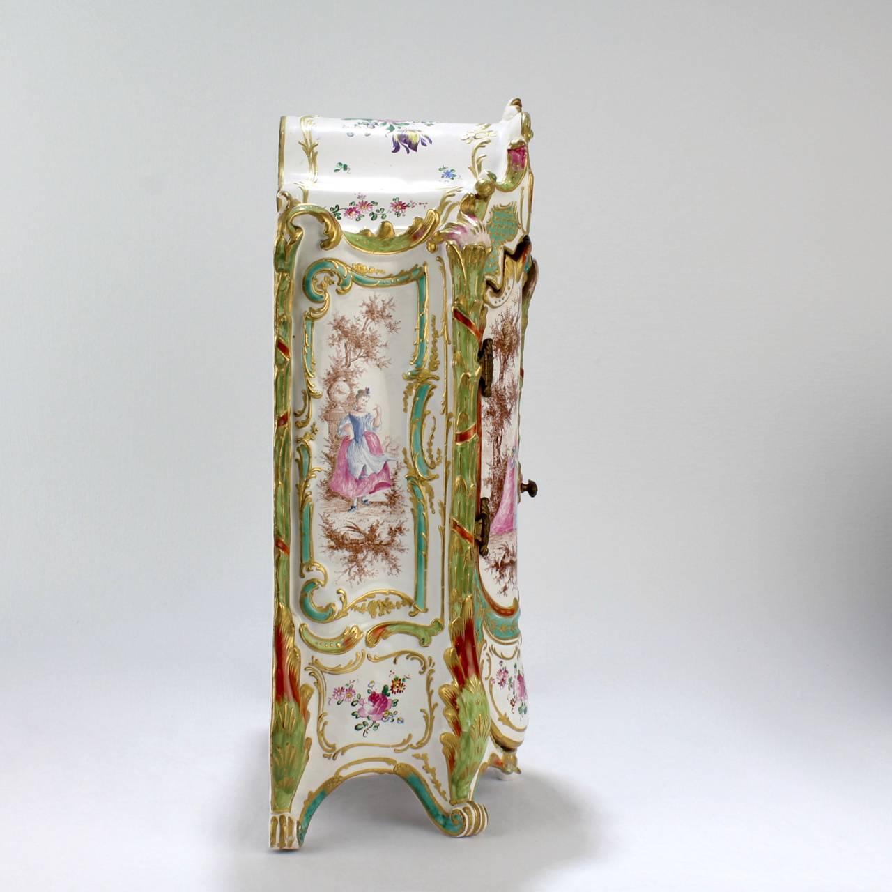 Rococo Antique Marseille French Faience Pottery Miniature Armoire or Jewelry Casket