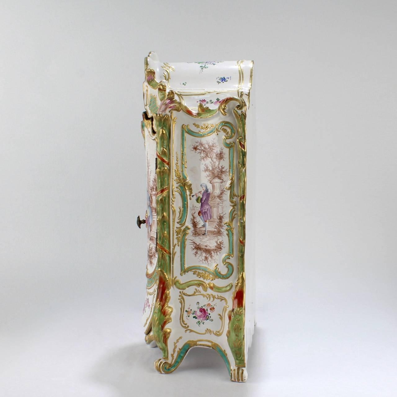 19th Century Antique Marseille French Faience Pottery Miniature Armoire or Jewelry Casket