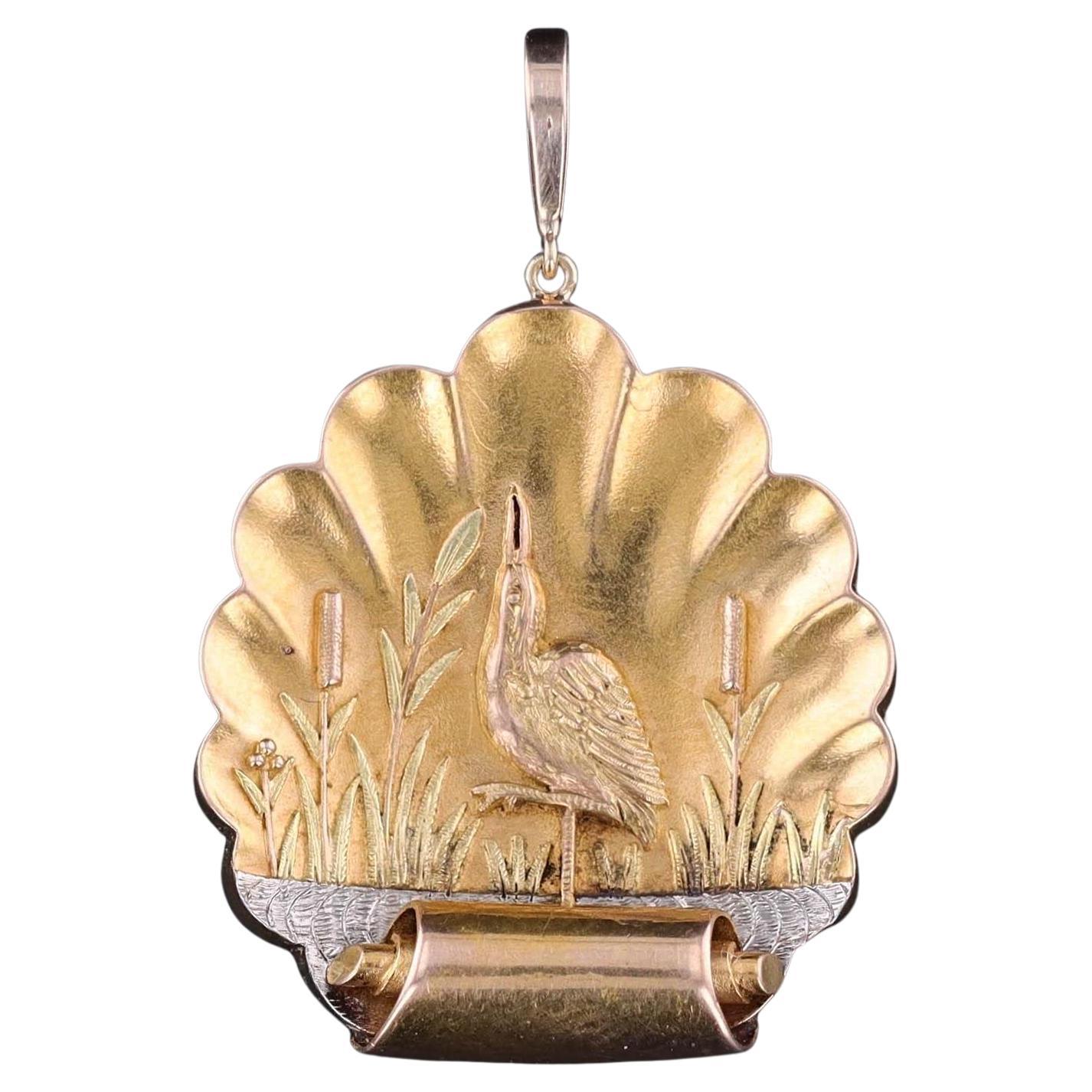 Antique Marsh Bird Pendant of 14k Gold