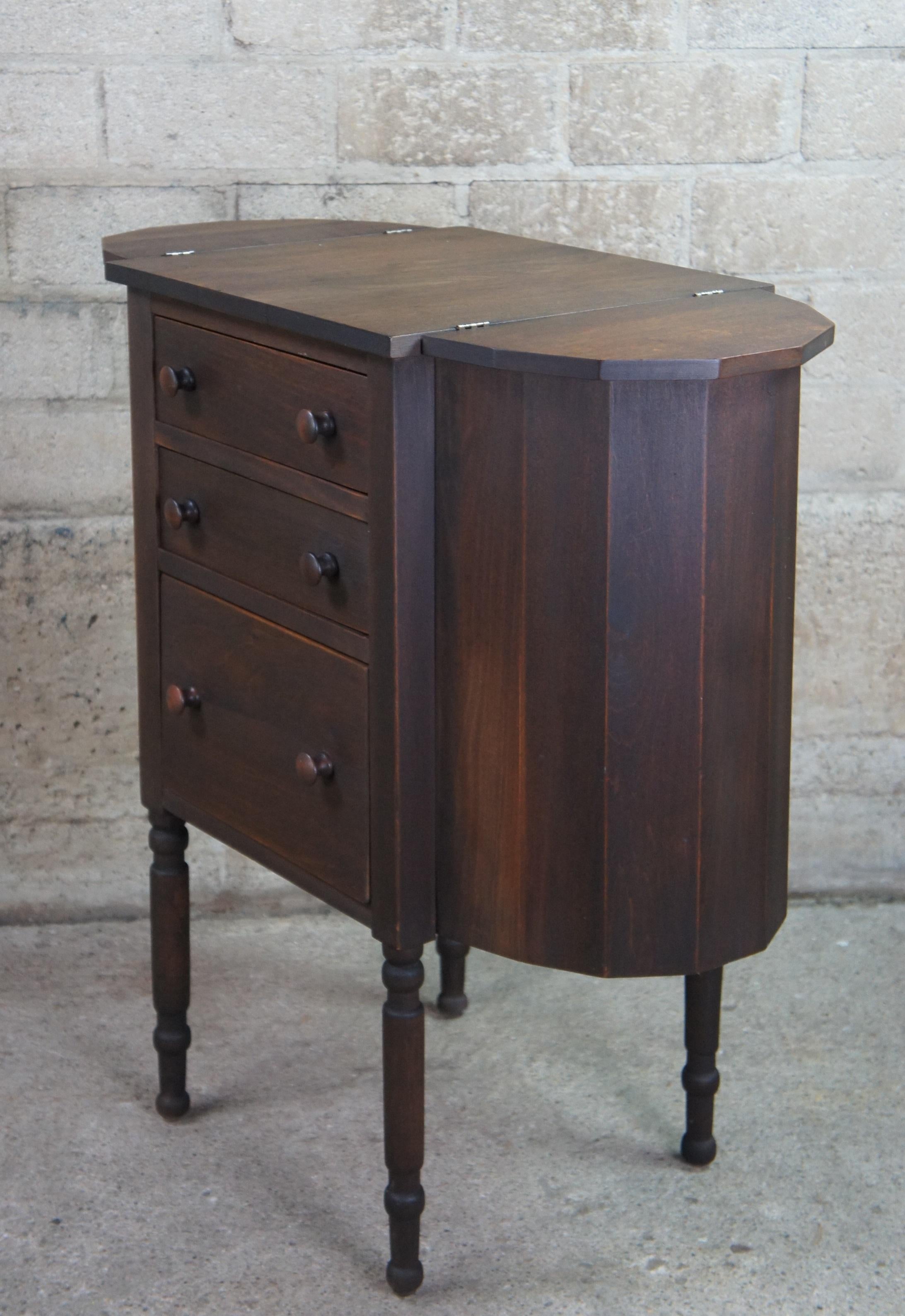 Federal Antique Martha Washington Walnut 3 Drawer Spool Sewing Cabinet Side Table Stand 