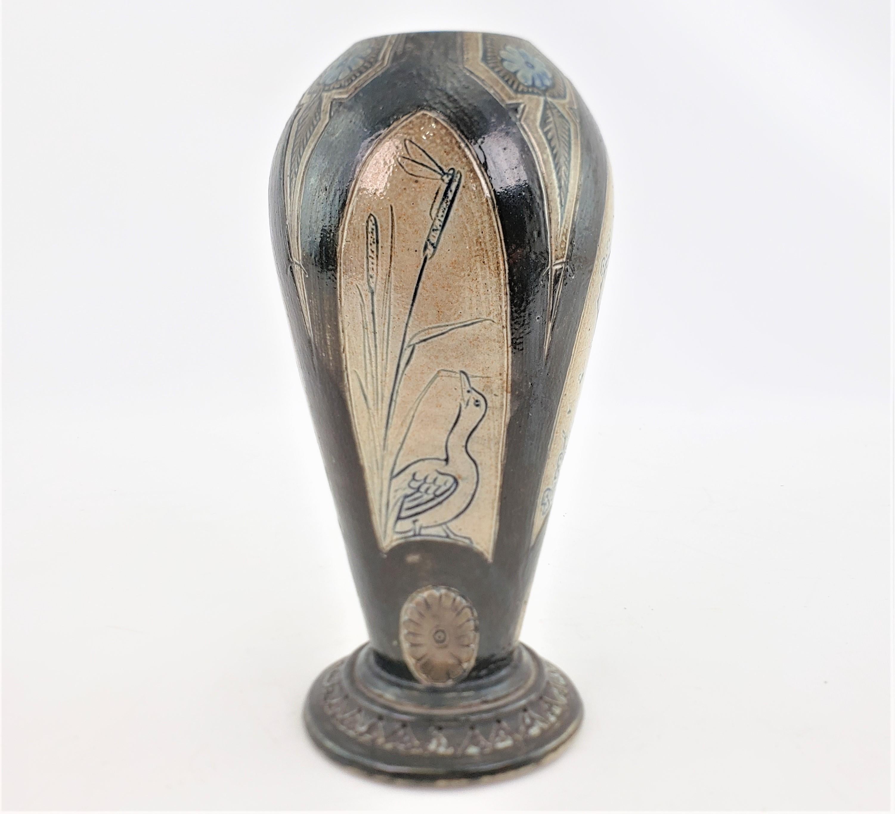English Antique Martin Brothers Art Pottery Vase with Asian Inspired Decoration For Sale