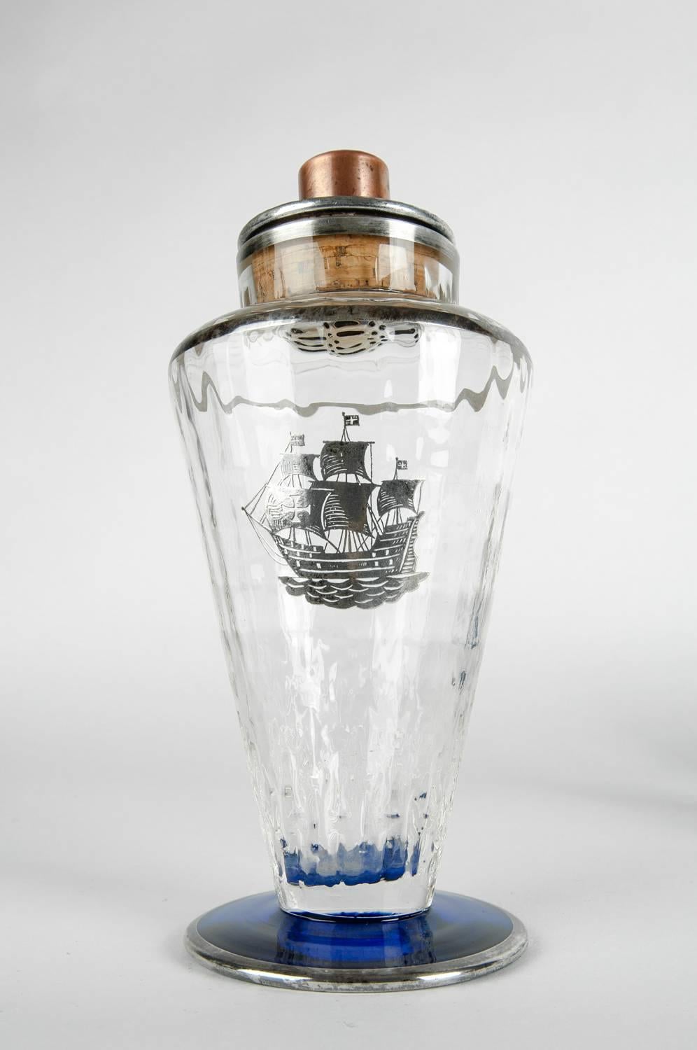 Antique Martini / Cocktail Shaker Set with Sterling Inlaid Ship Design In Excellent Condition In Tarry Town, NY