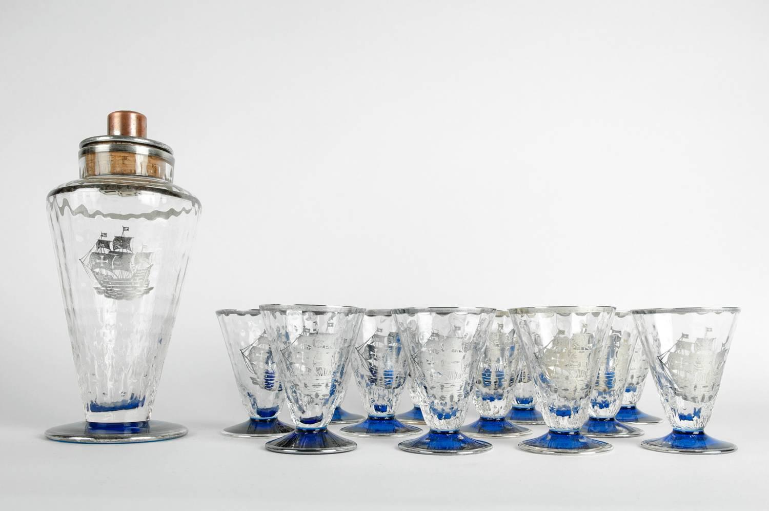 Antique Martini / Cocktail Shaker Set with Sterling Inlaid Ship Design 2