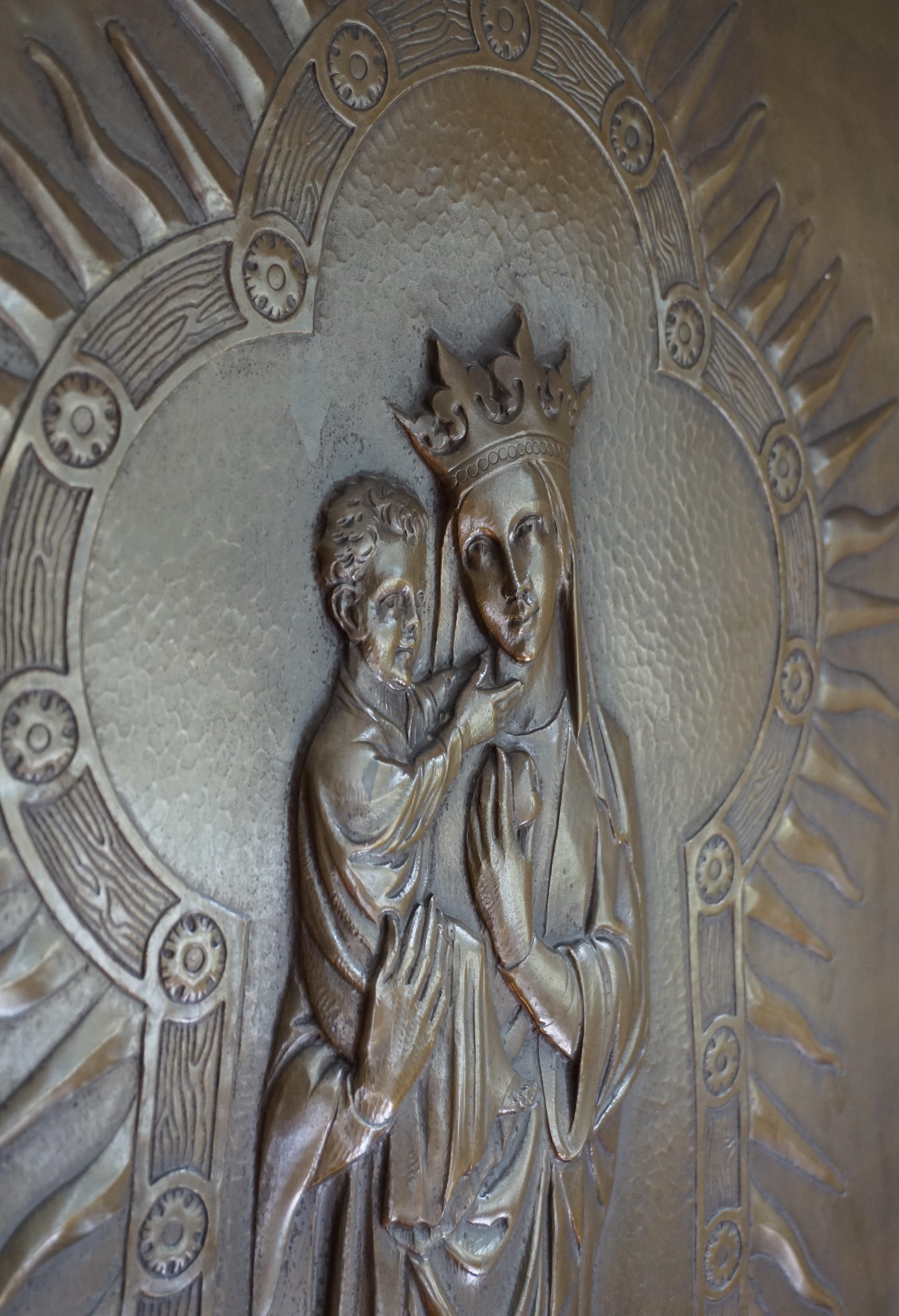 Antique Mary and Child Jesus Gothic Revival Brass Church Wall Plaque / Sculpture 6