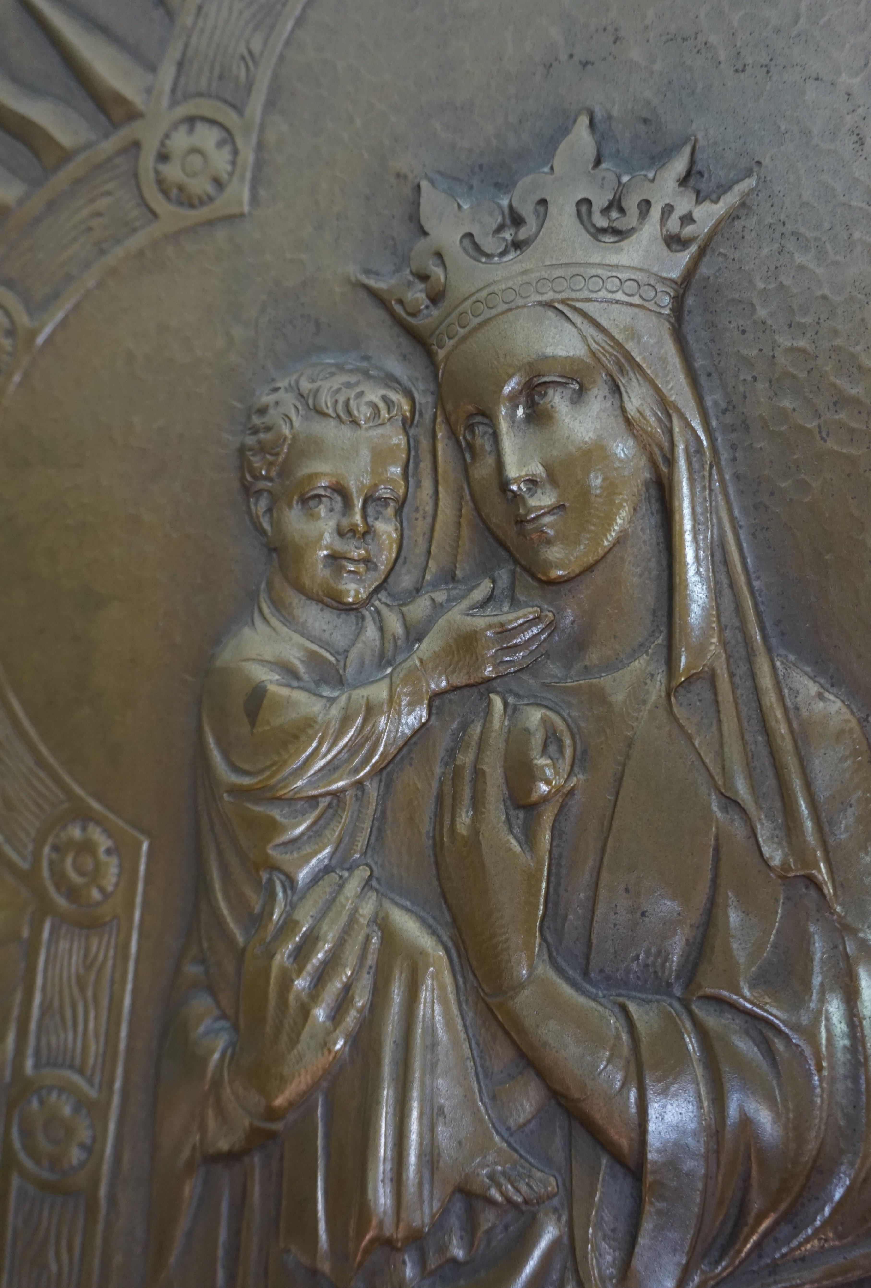 Antique Mary and Child Jesus Gothic Revival Brass Church Wall Plaque / Sculpture 8