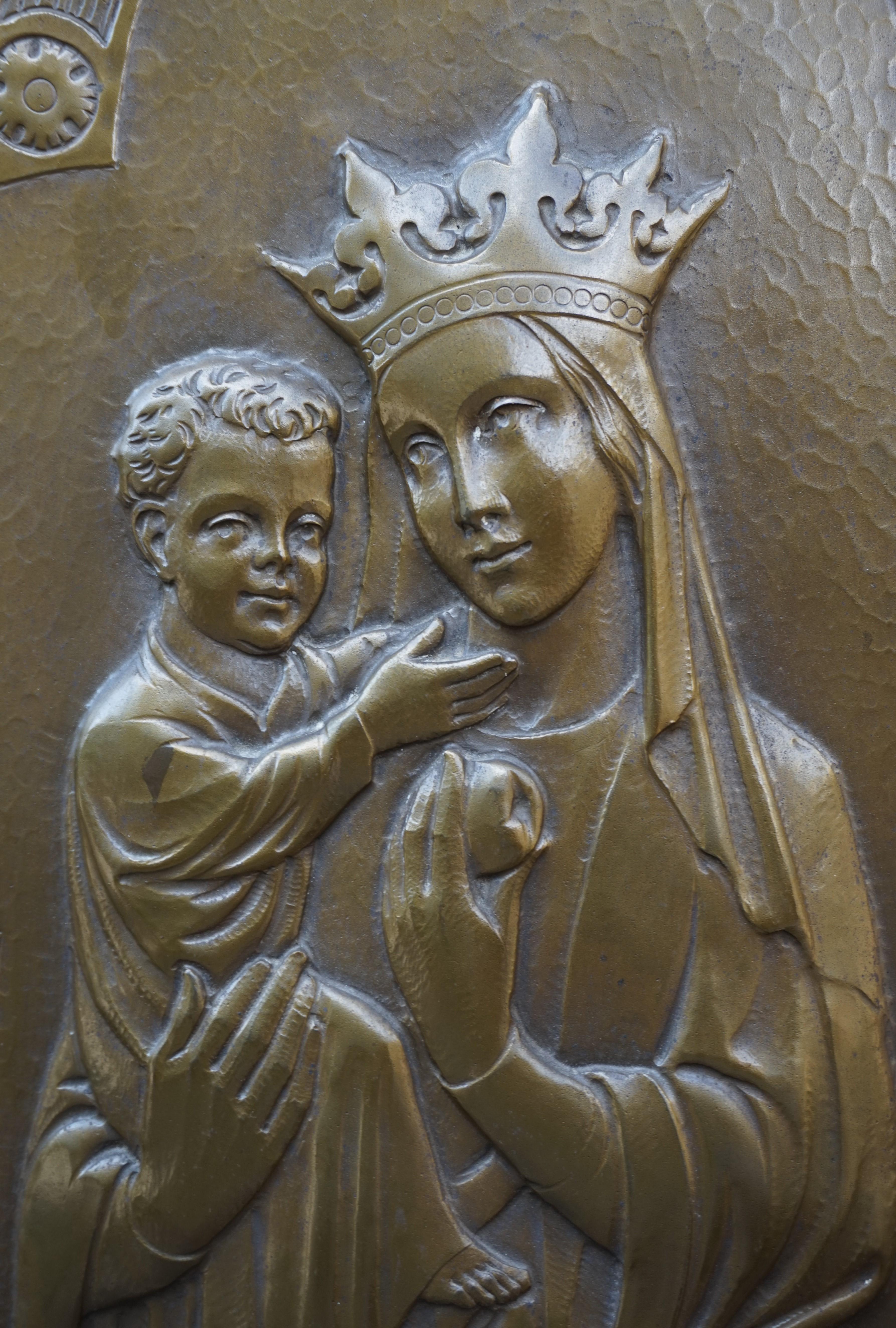 Antique Mary and Child Jesus Gothic Revival Brass Church Wall Plaque / Sculpture 9