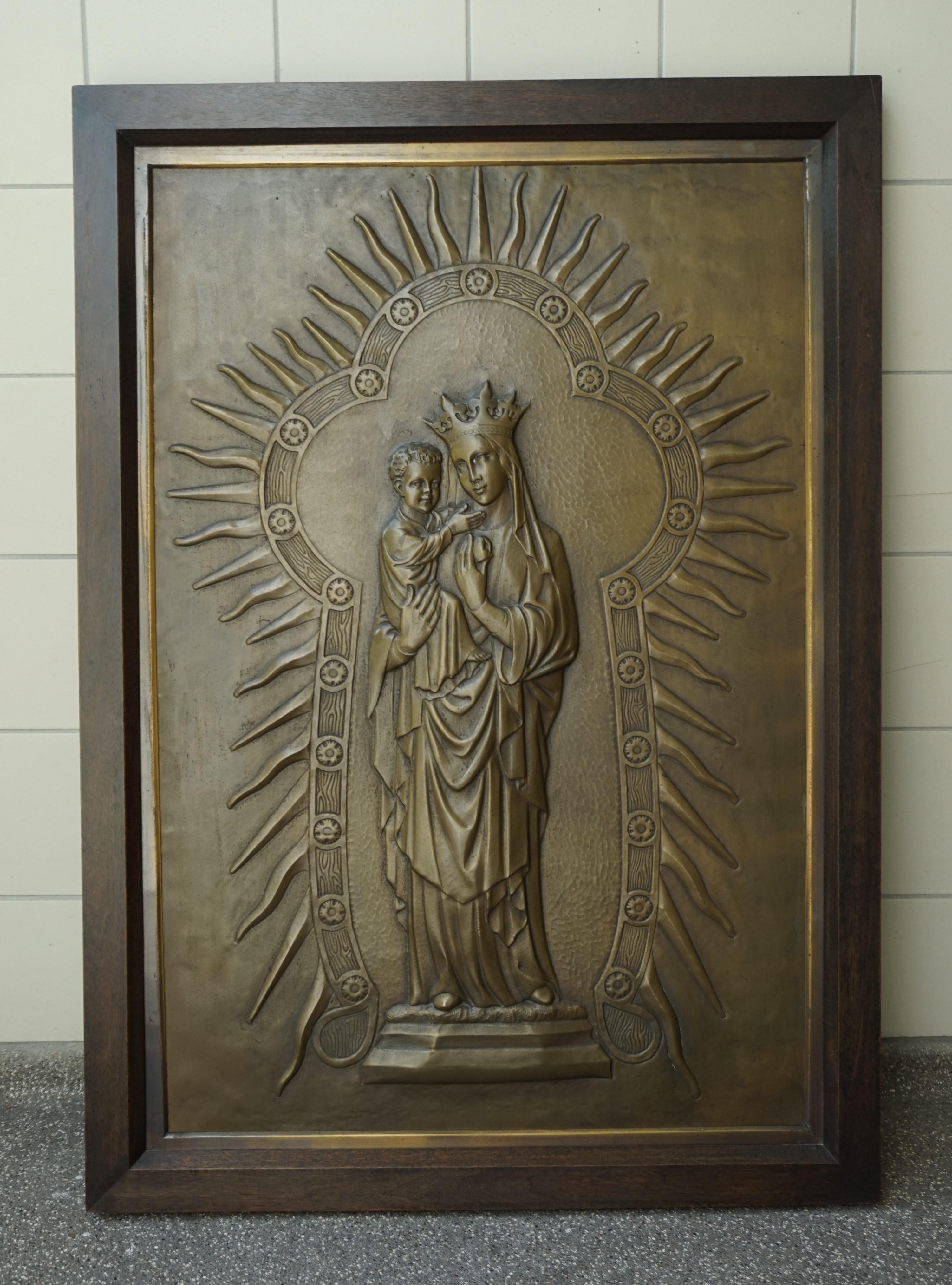 Antique Mary and Child Jesus Gothic Revival Brass Church Wall Plaque / Sculpture 10