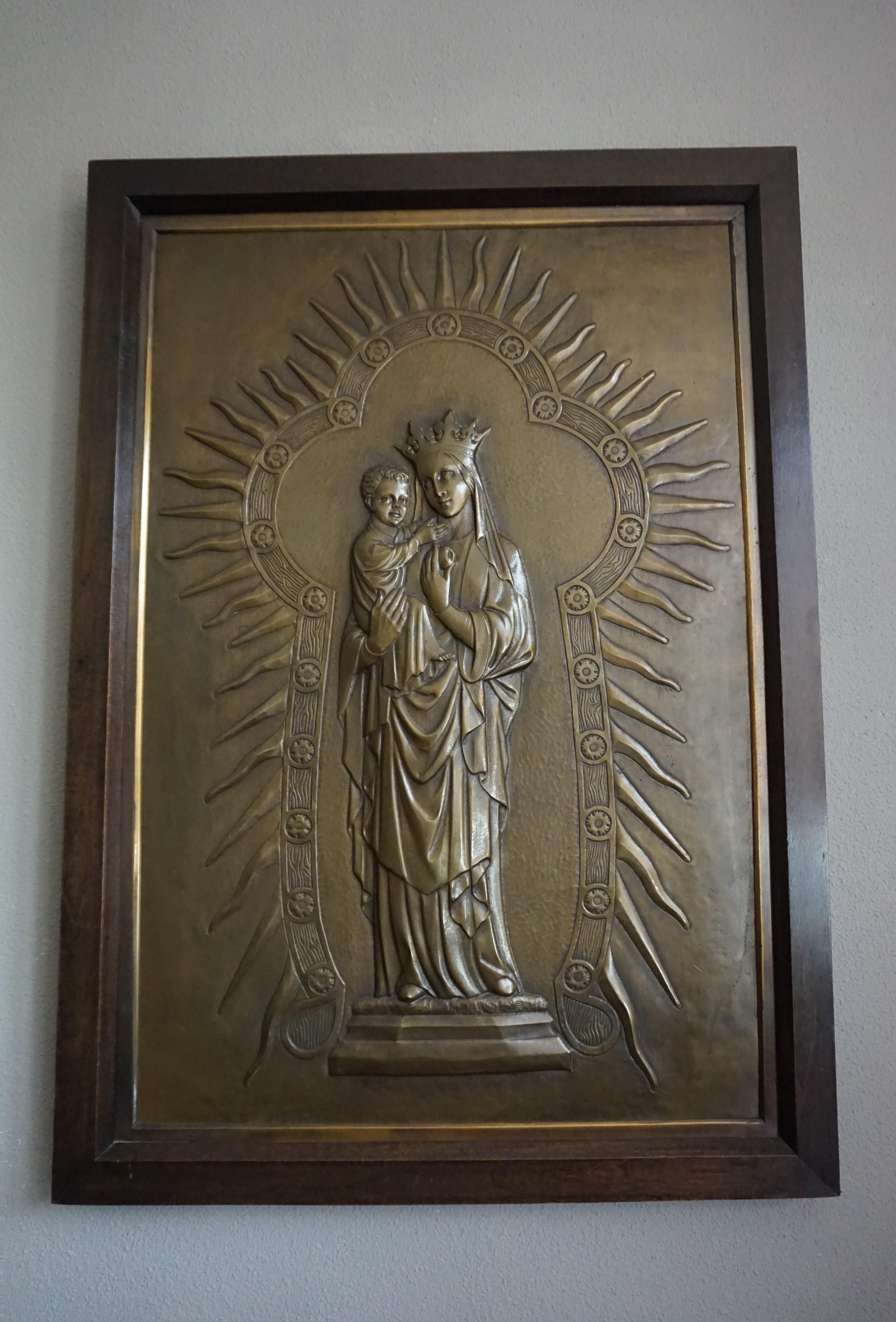 Antique Mary and Child Jesus Gothic Revival Brass Church Wall Plaque / Sculpture 11