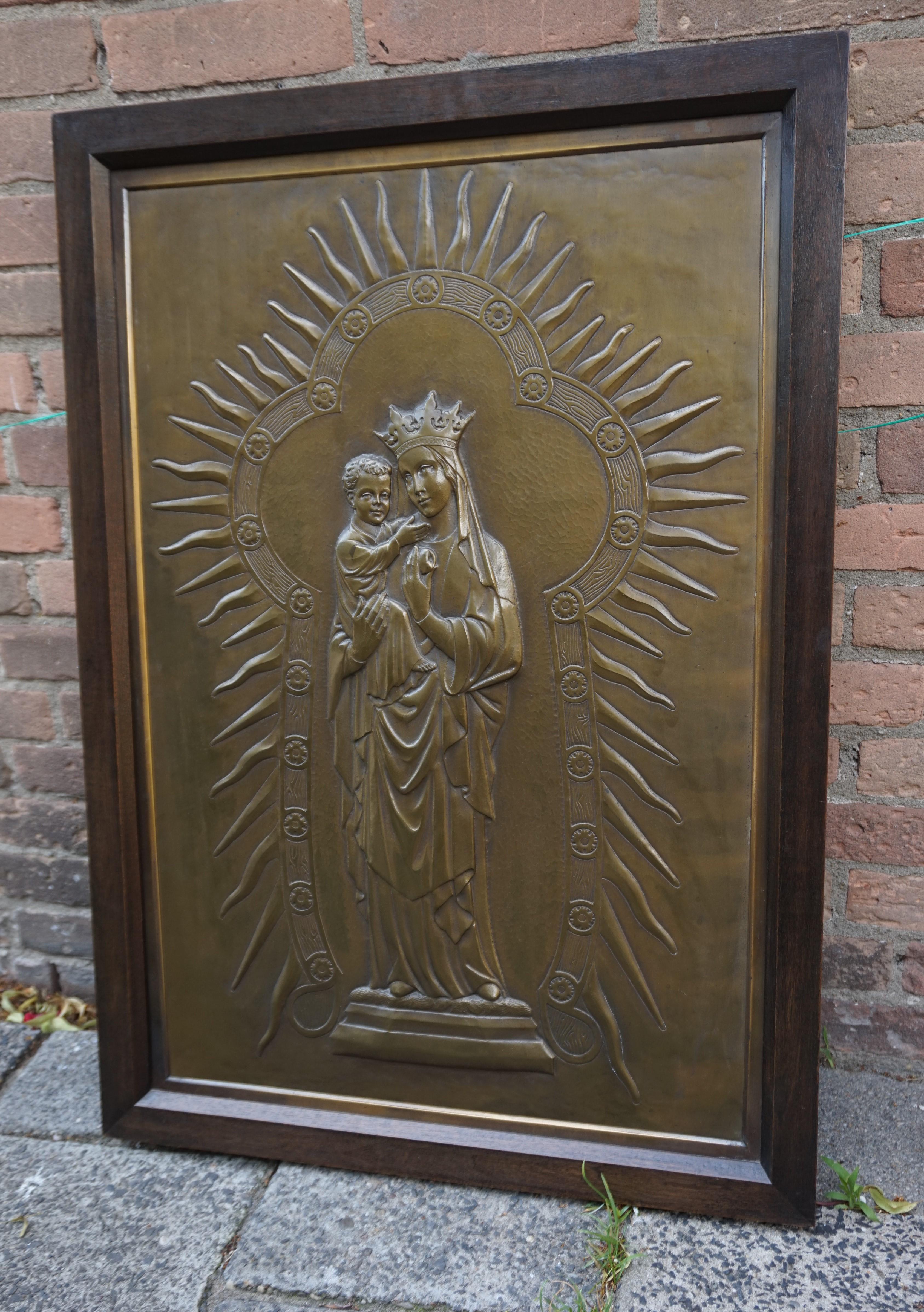 Antique Mary and Child Jesus Gothic Revival Brass Church Wall Plaque / Sculpture 12