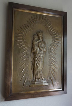 Antique Mary and Child Jesus Gothic Revival Brass Church Wall Plaque / Sculpture
