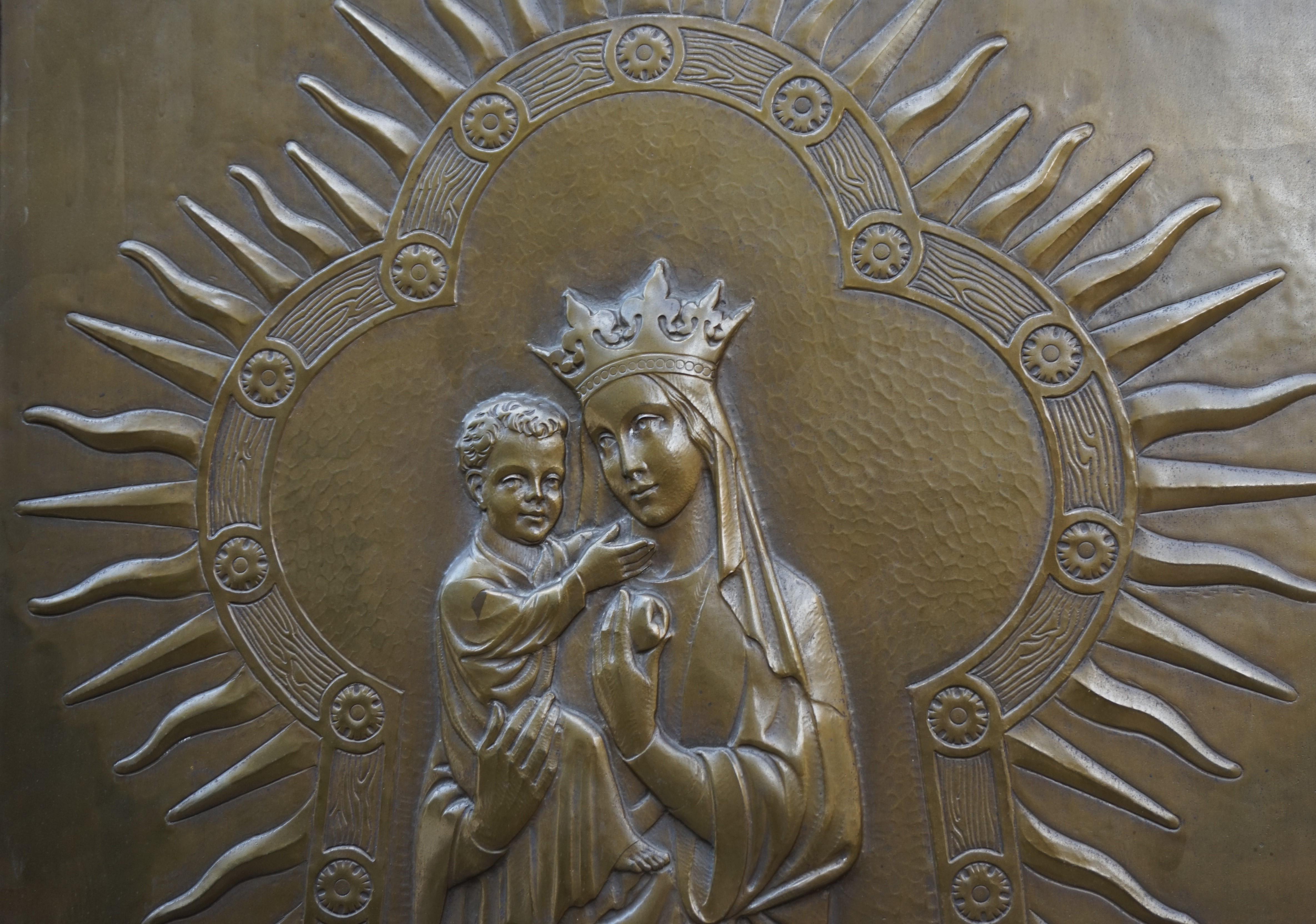 Embossed Antique Mary and Child Jesus Gothic Revival Brass Church Wall Plaque / Sculpture