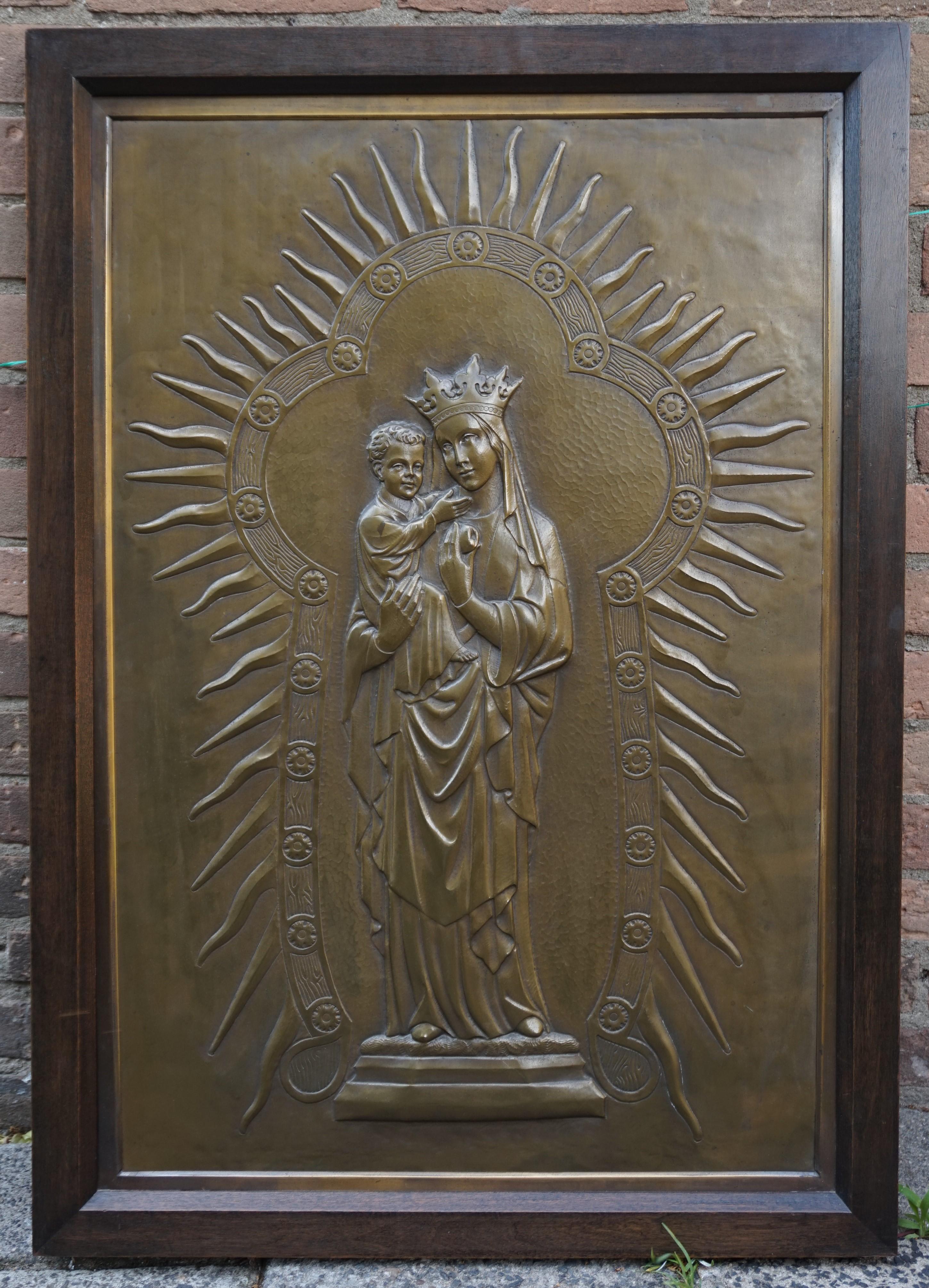 Antique Mary and Child Jesus Gothic Revival Brass Church Wall Plaque / Sculpture 1