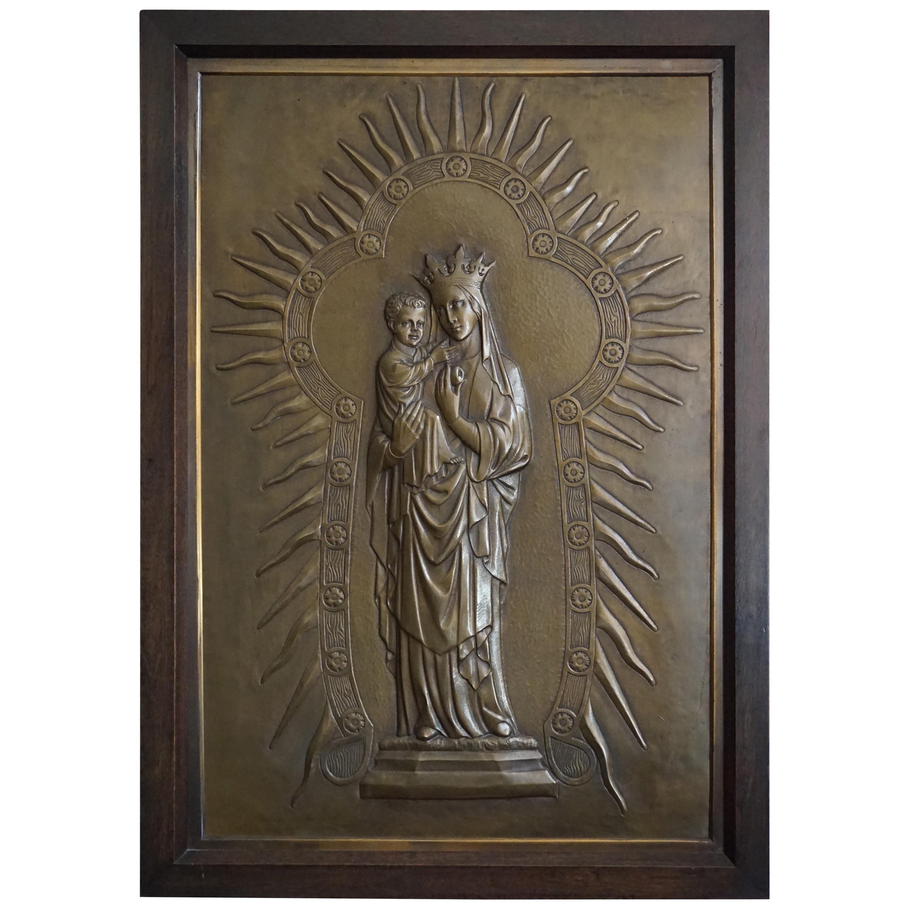 Antique Mary and Child Jesus Gothic Revival Brass Church Wall Plaque / Sculpture