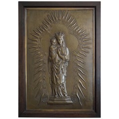 Antike antike Kirchen-Wandtafel/Skulptur, Maria und Kind Jesus, Gotik-Revival, Messing