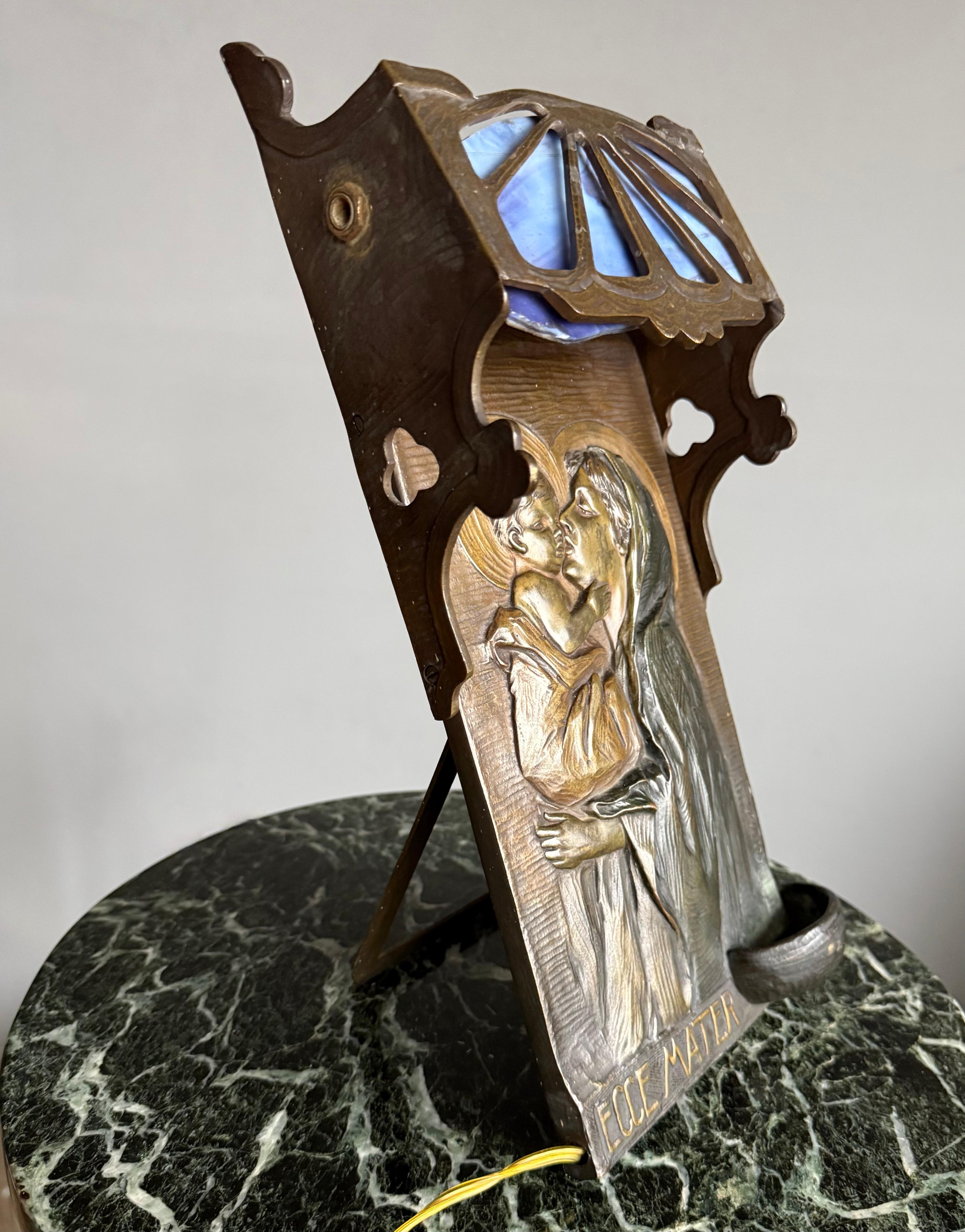 Antique Mary & Jesus Bronze & Glass Wall or Table Lamp Plaque & Holy Water Font 3