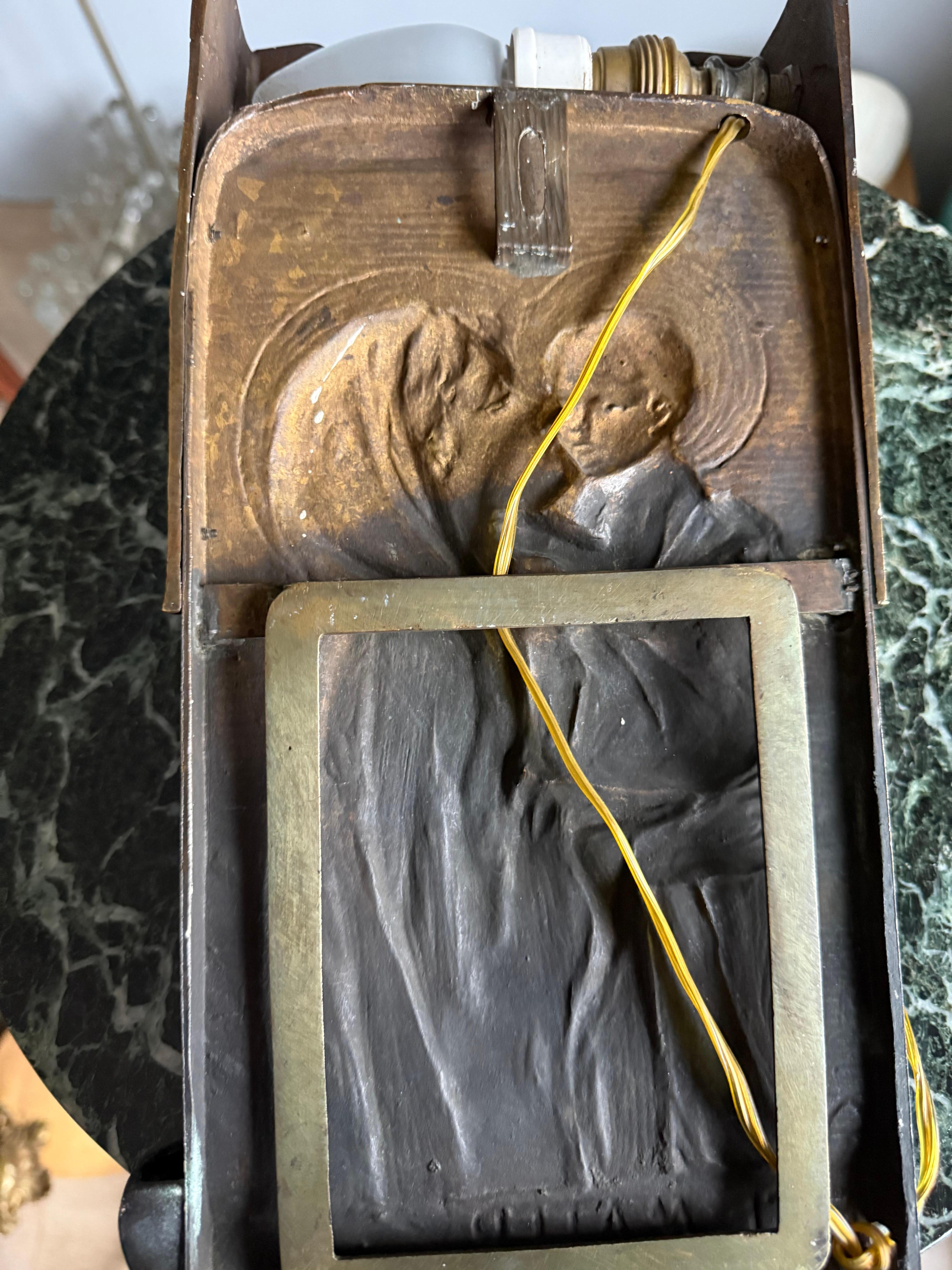 Antique Mary & Jesus Bronze & Glass Wall or Table Lamp Plaque & Holy Water Font 5