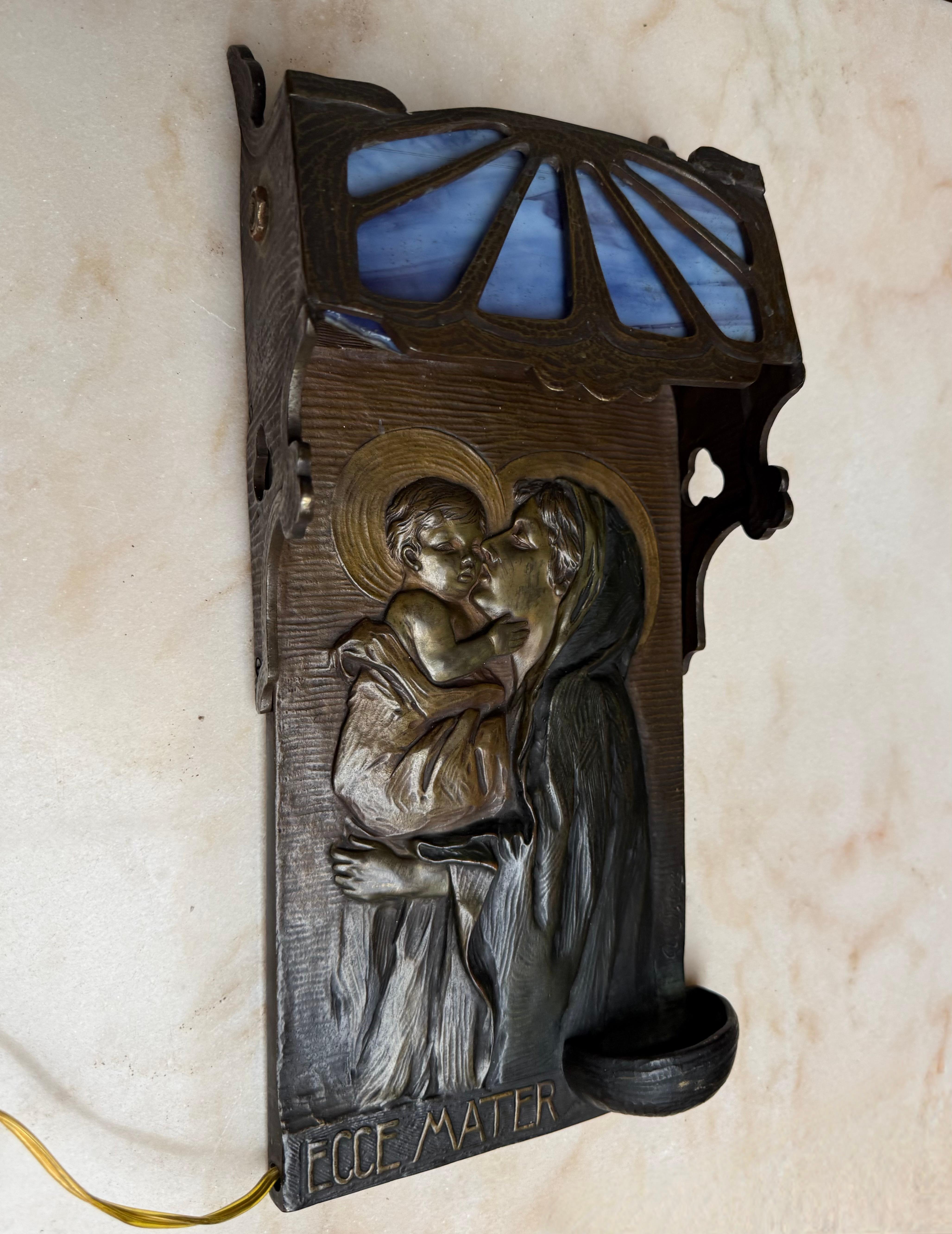 Antique Mary & Jesus Bronze & Glass Wall or Table Lamp Plaque & Holy Water Font 6