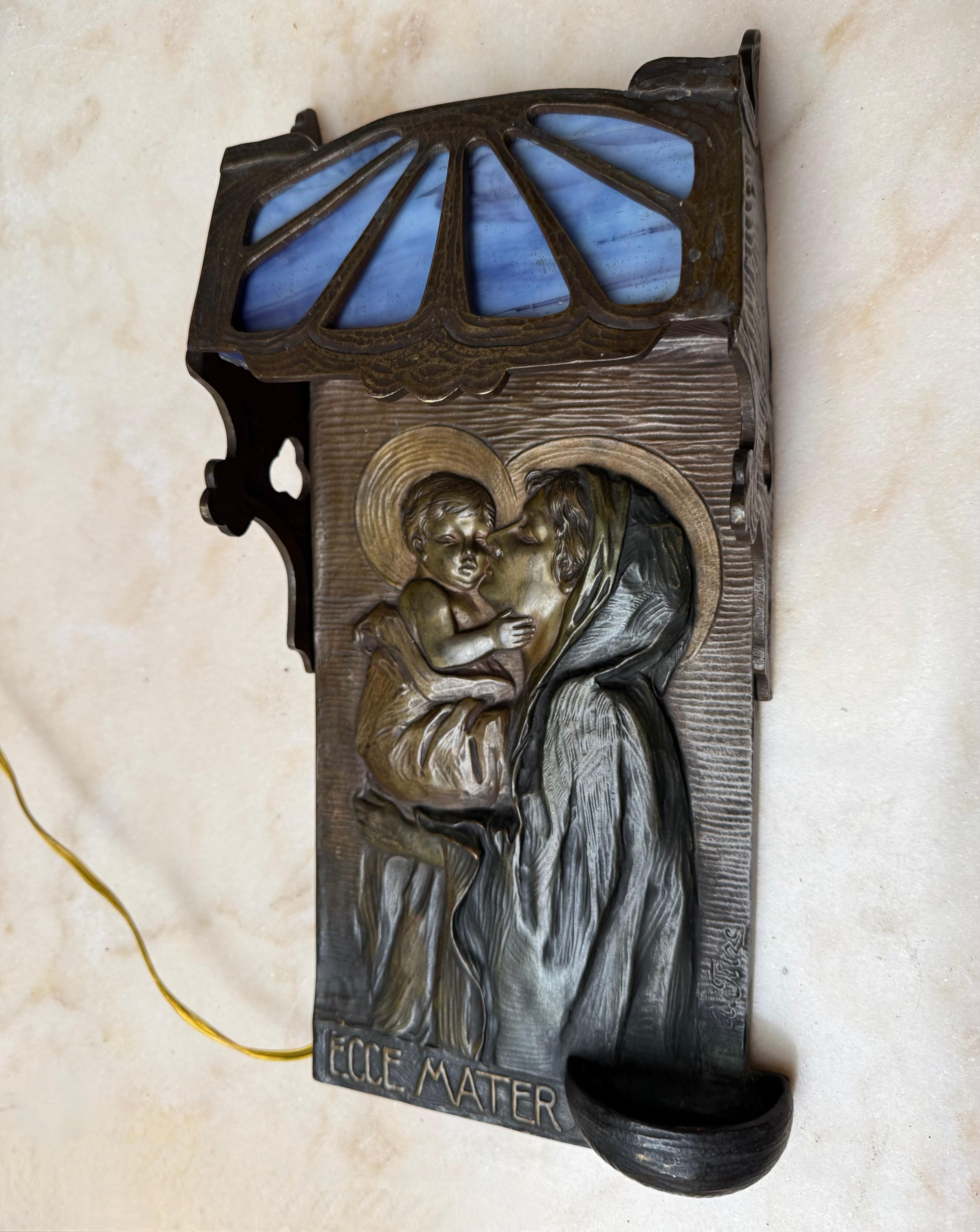 Antique Mary & Jesus Bronze & Glass Wall or Table Lamp Plaque & Holy Water Font 7