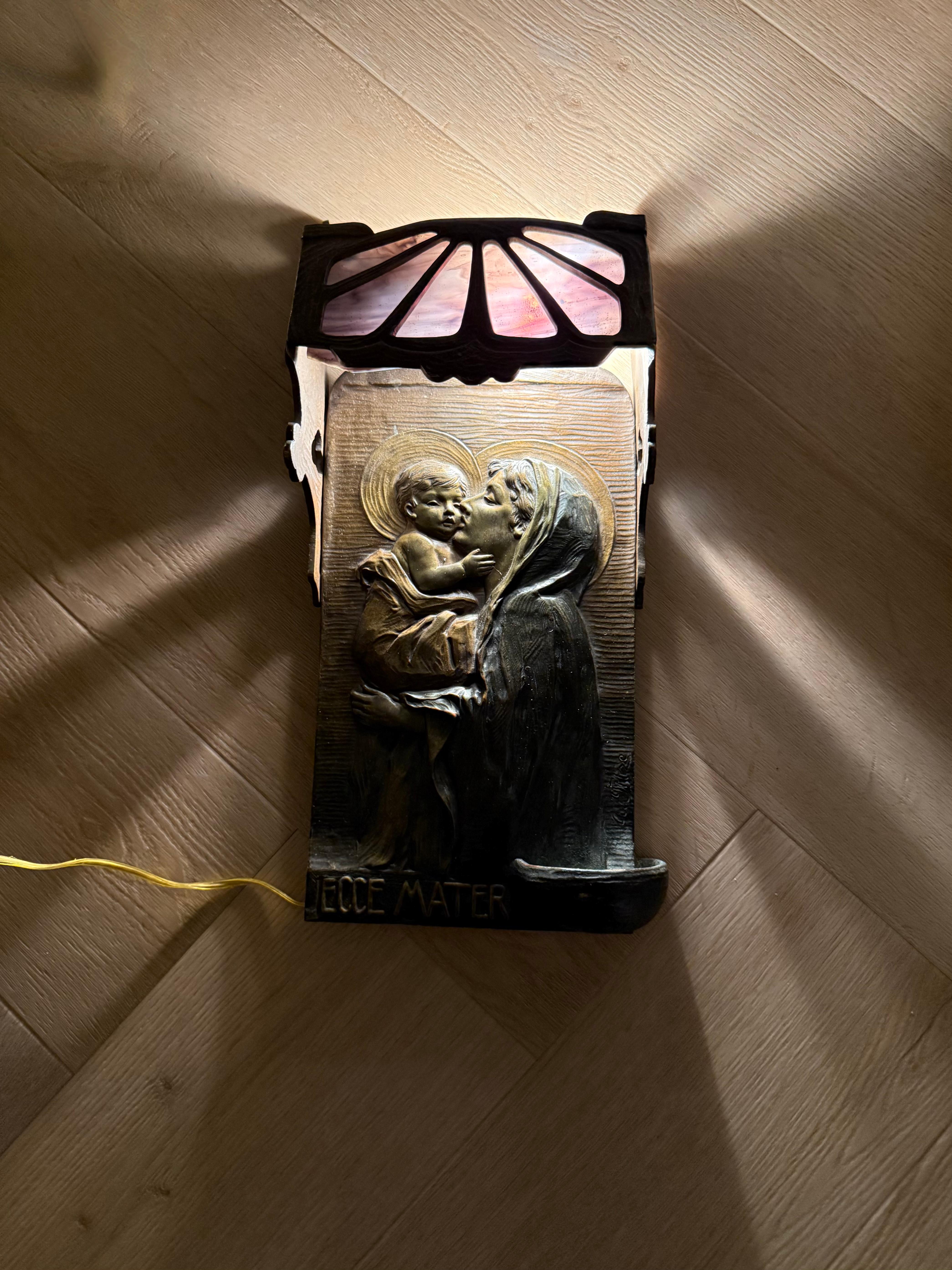 Antique Mary & Jesus Bronze & Glass Wall or Table Lamp Plaque & Holy Water Font 8