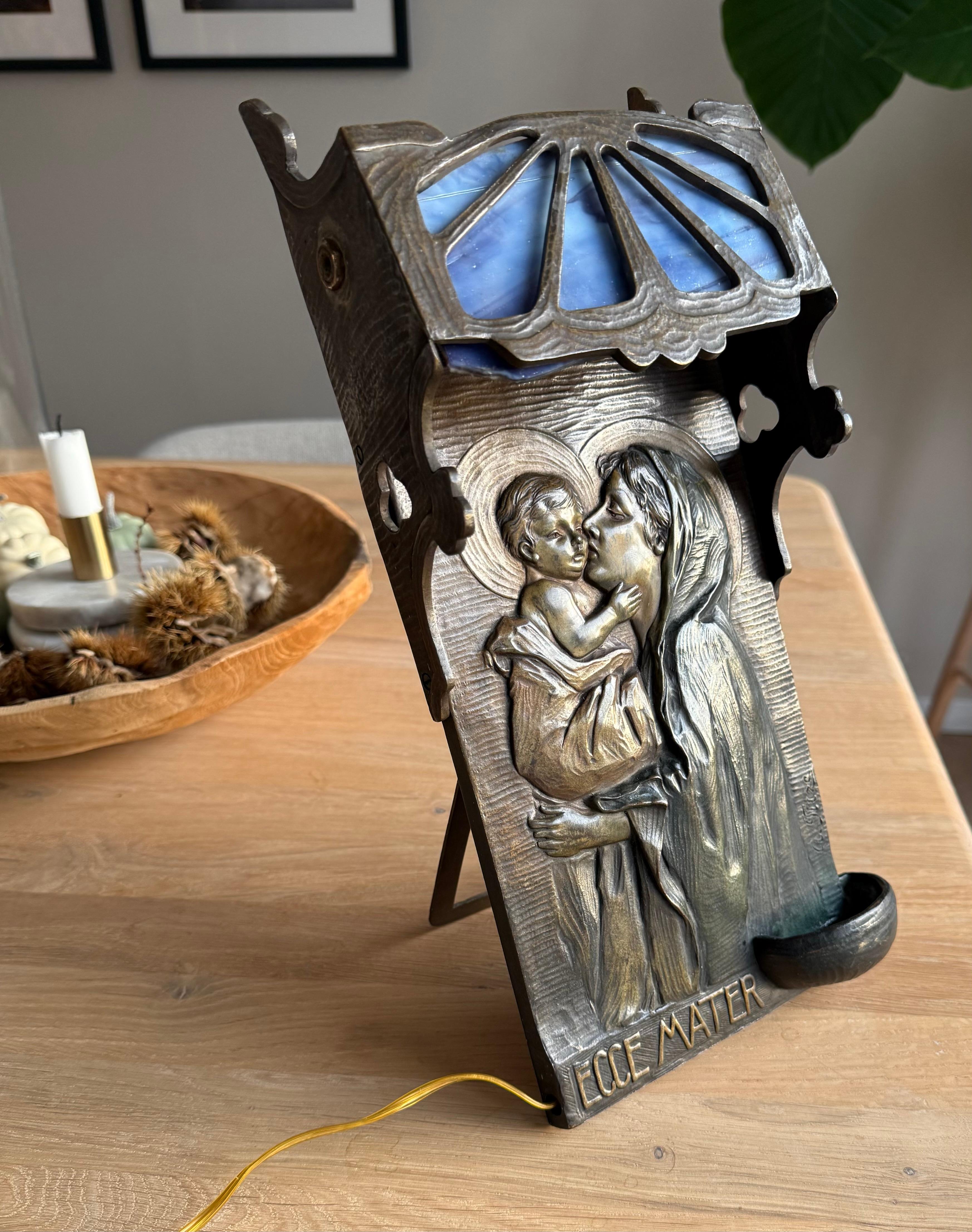 Antique Mary & Jesus Bronze & Glass Wall or Table Lamp Plaque & Holy Water Font 10