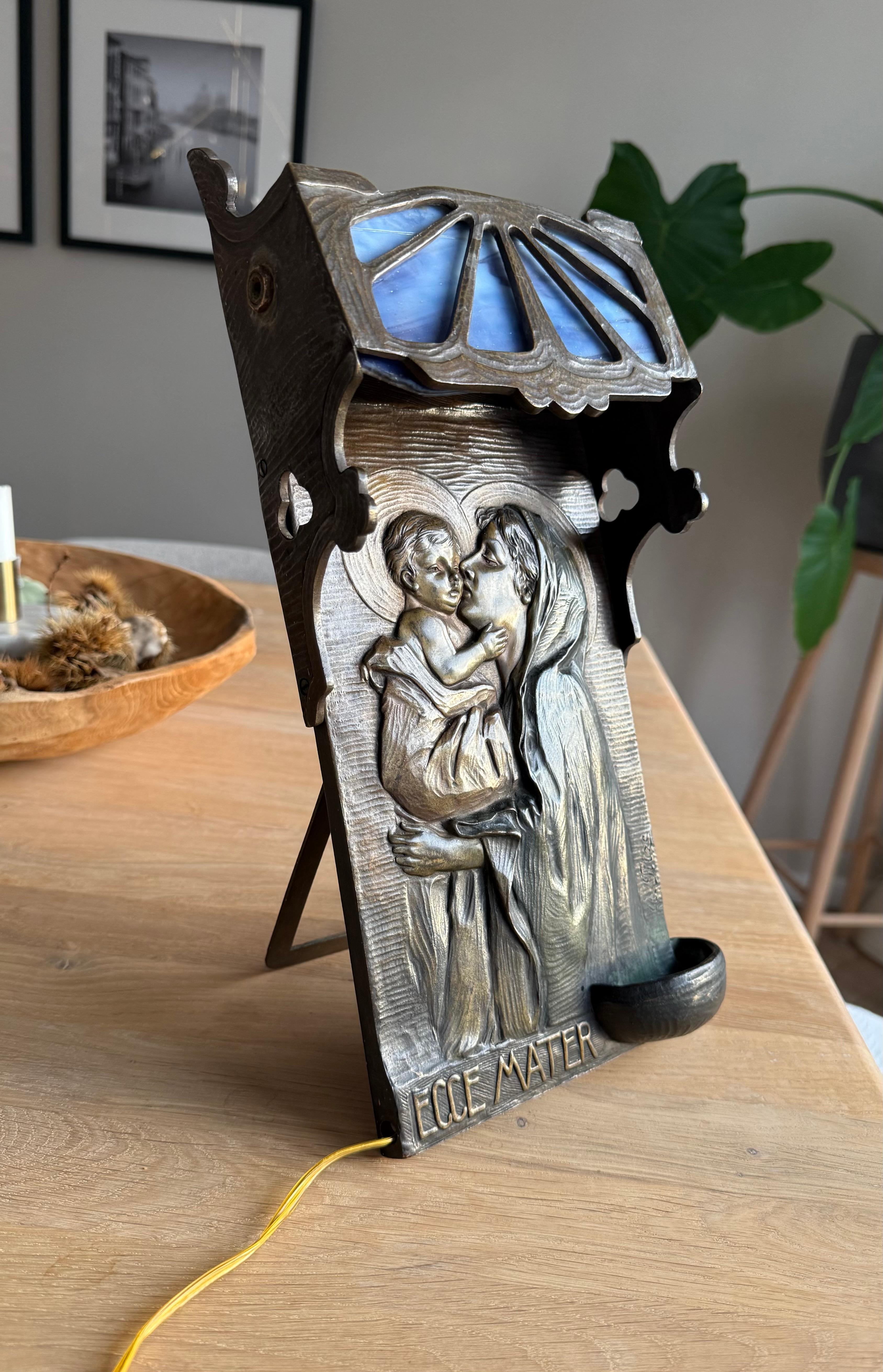 Antique Mary & Jesus Bronze & Glass Wall or Table Lamp Plaque & Holy Water Font 13