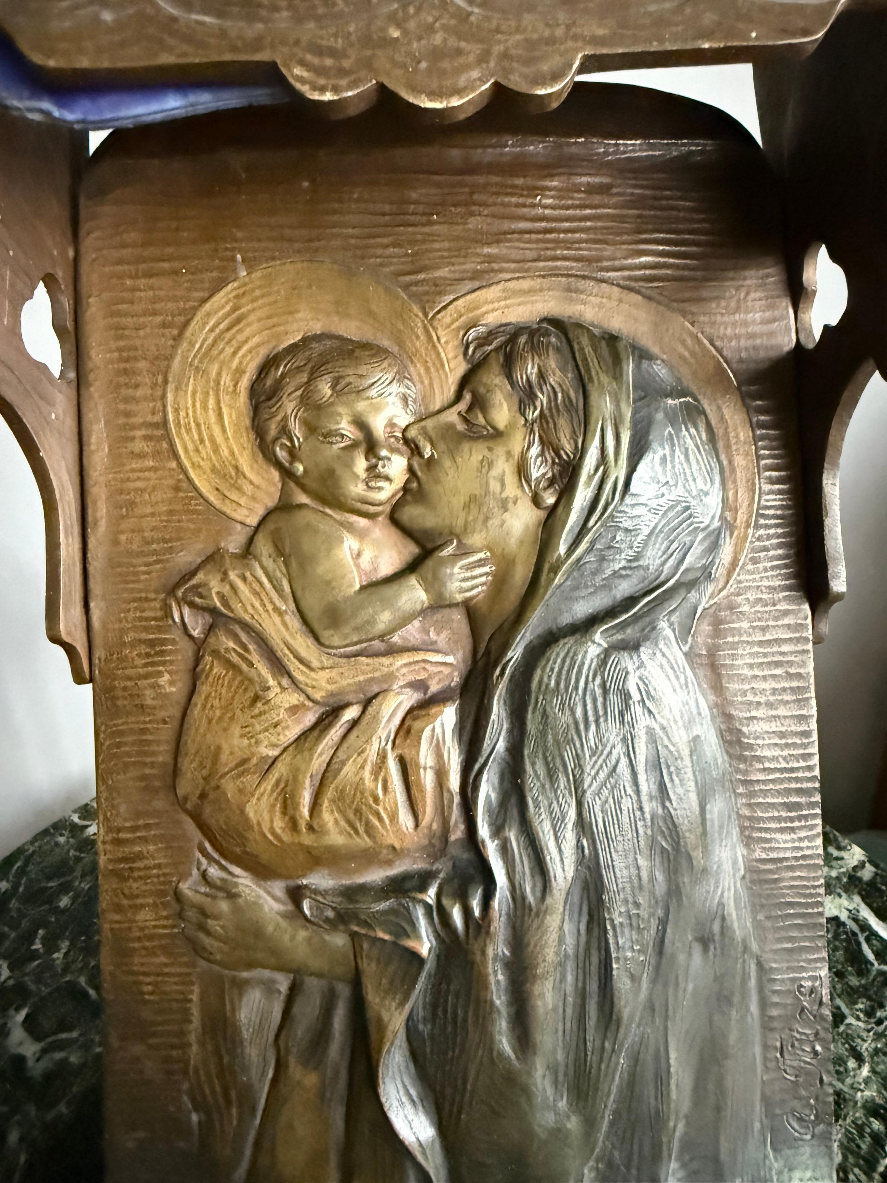 Gothic Revival Antique Mary & Jesus Bronze & Glass Wall or Table Lamp Plaque & Holy Water Font