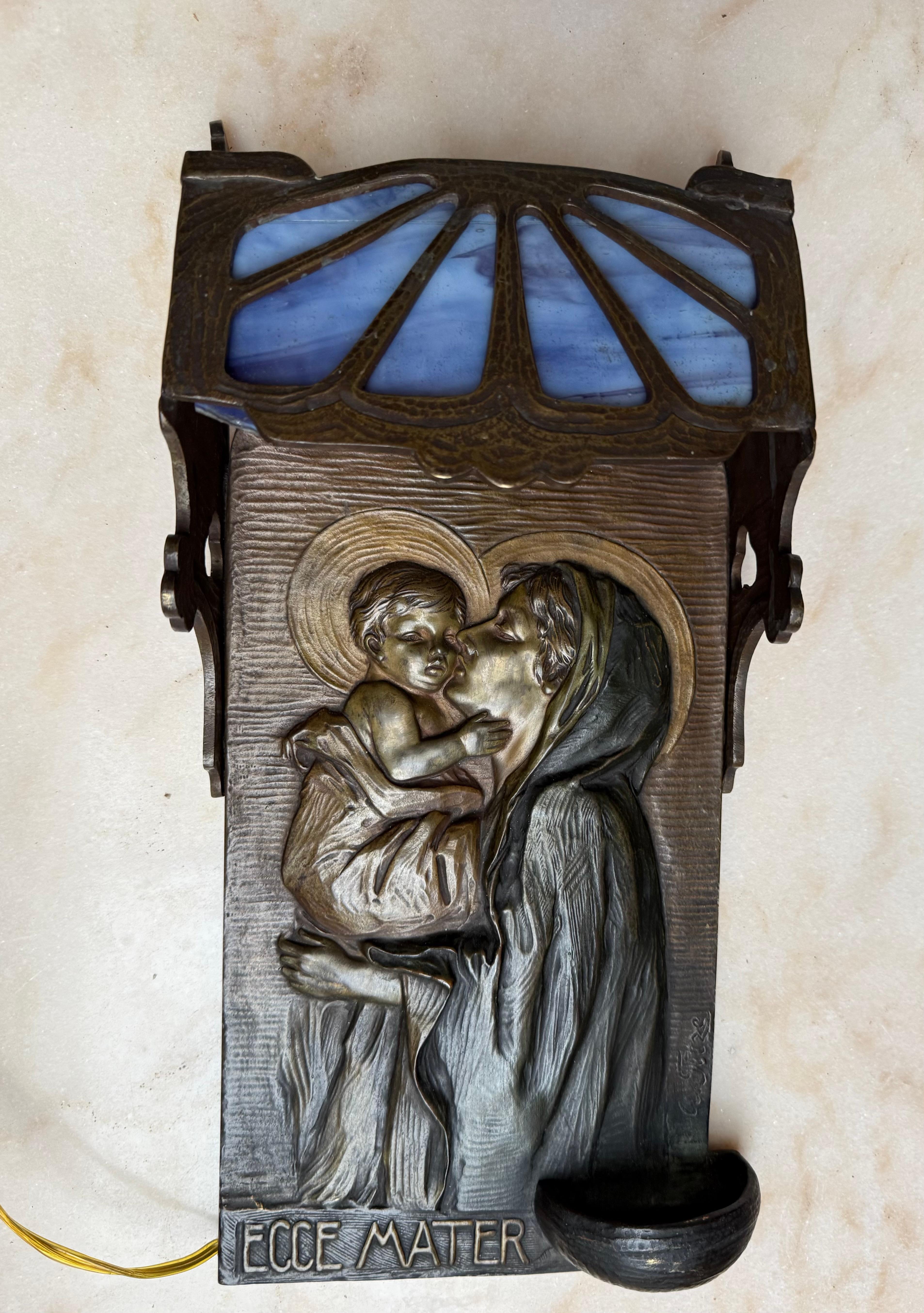 Cast Antique Mary & Jesus Bronze & Glass Wall or Table Lamp Plaque & Holy Water Font
