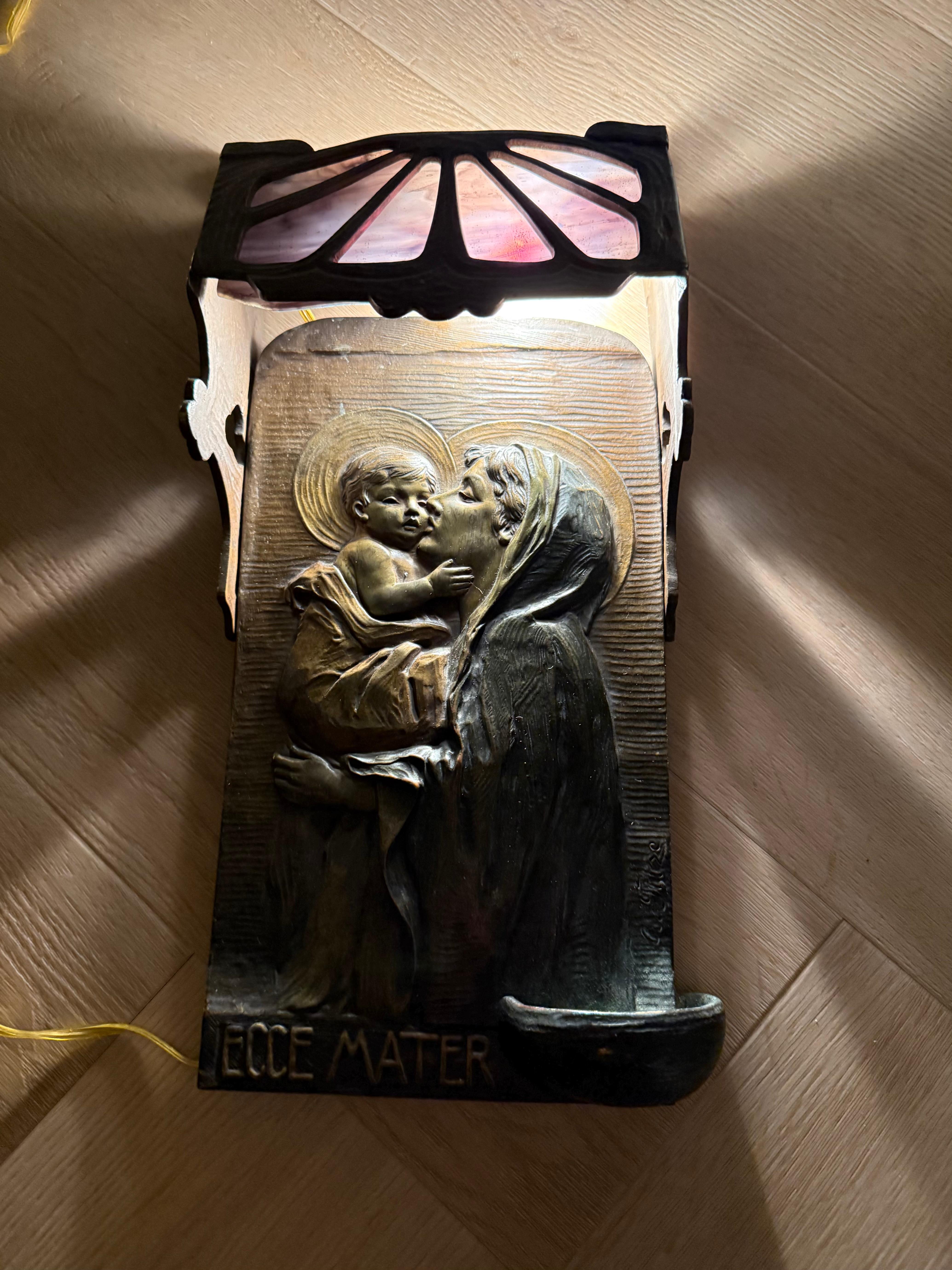Antique Mary & Jesus Bronze & Glass Wall or Table Lamp Plaque & Holy Water Font In Excellent Condition In Lisse, NL