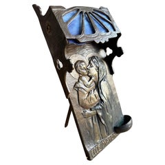 Antique Mary & Jesus Bronze & Glass Wall or Table Lamp Plaque & Holy Water Font