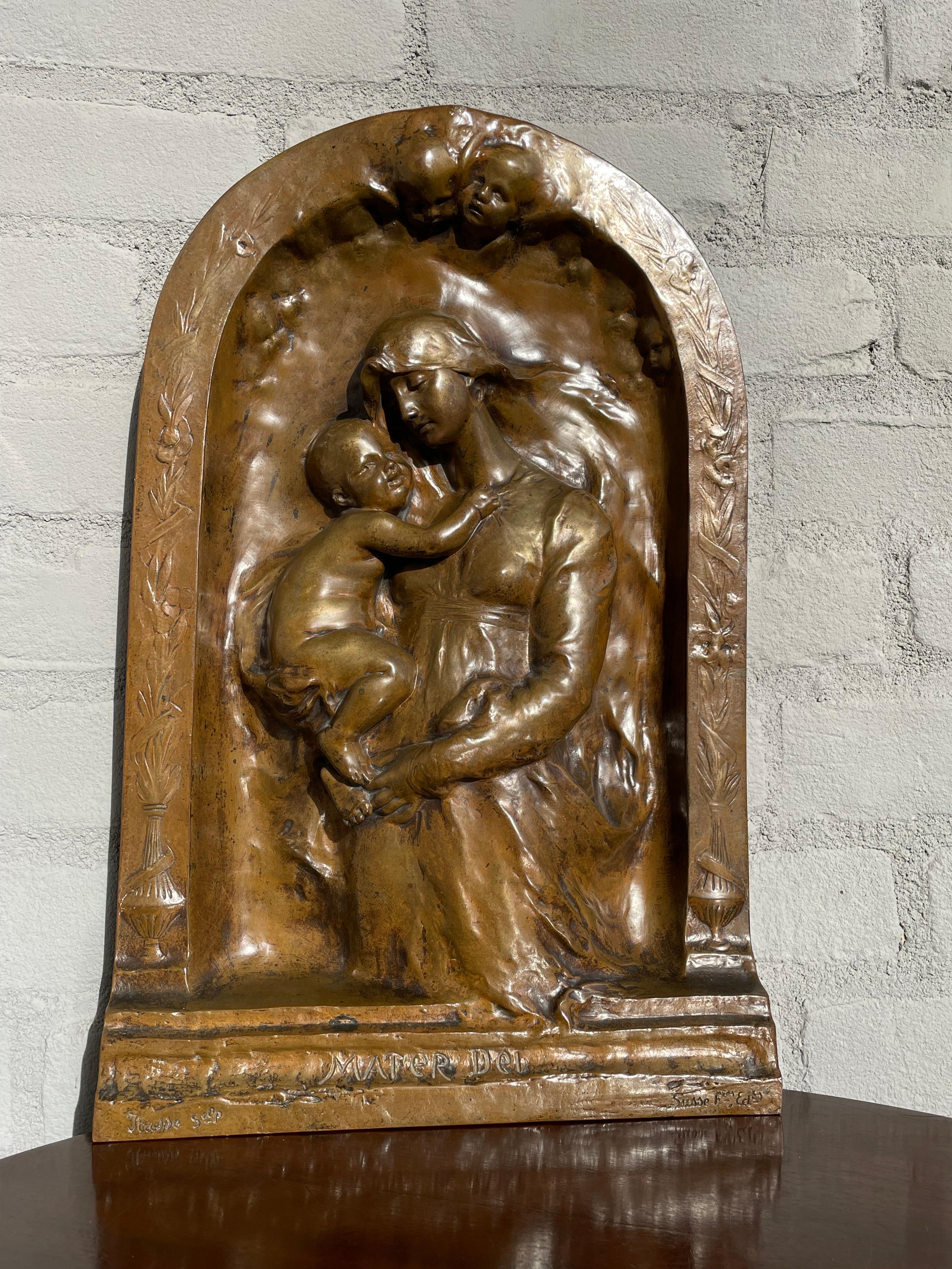 Renaissance Revival Antique Mary & Jesus Bronze Wall Plaque by Susse Freres for Adolphe Itasse 1880s For Sale