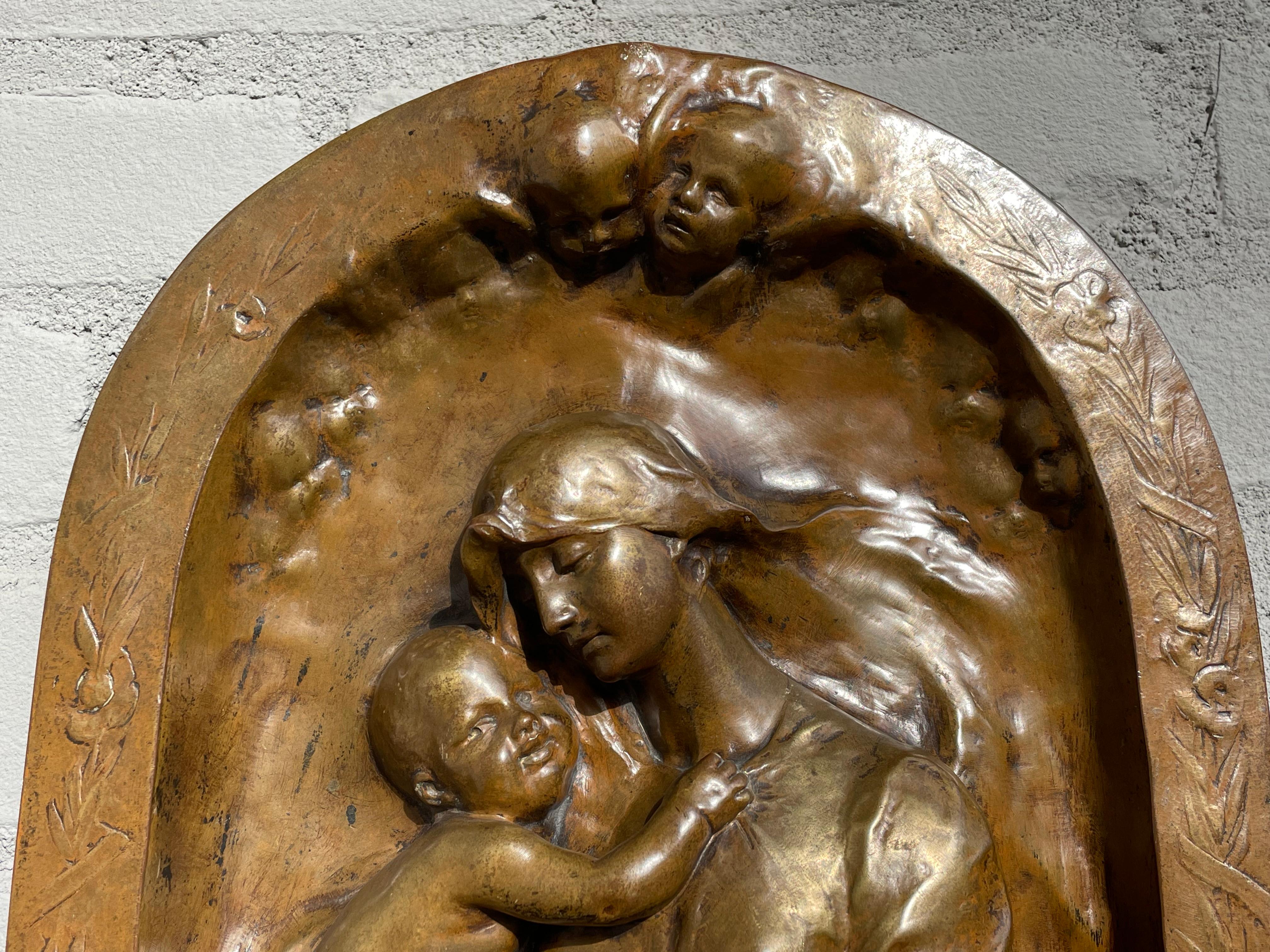 Cast Antique Mary & Jesus Bronze Wall Plaque by Susse Freres for Adolphe Itasse 1880s For Sale