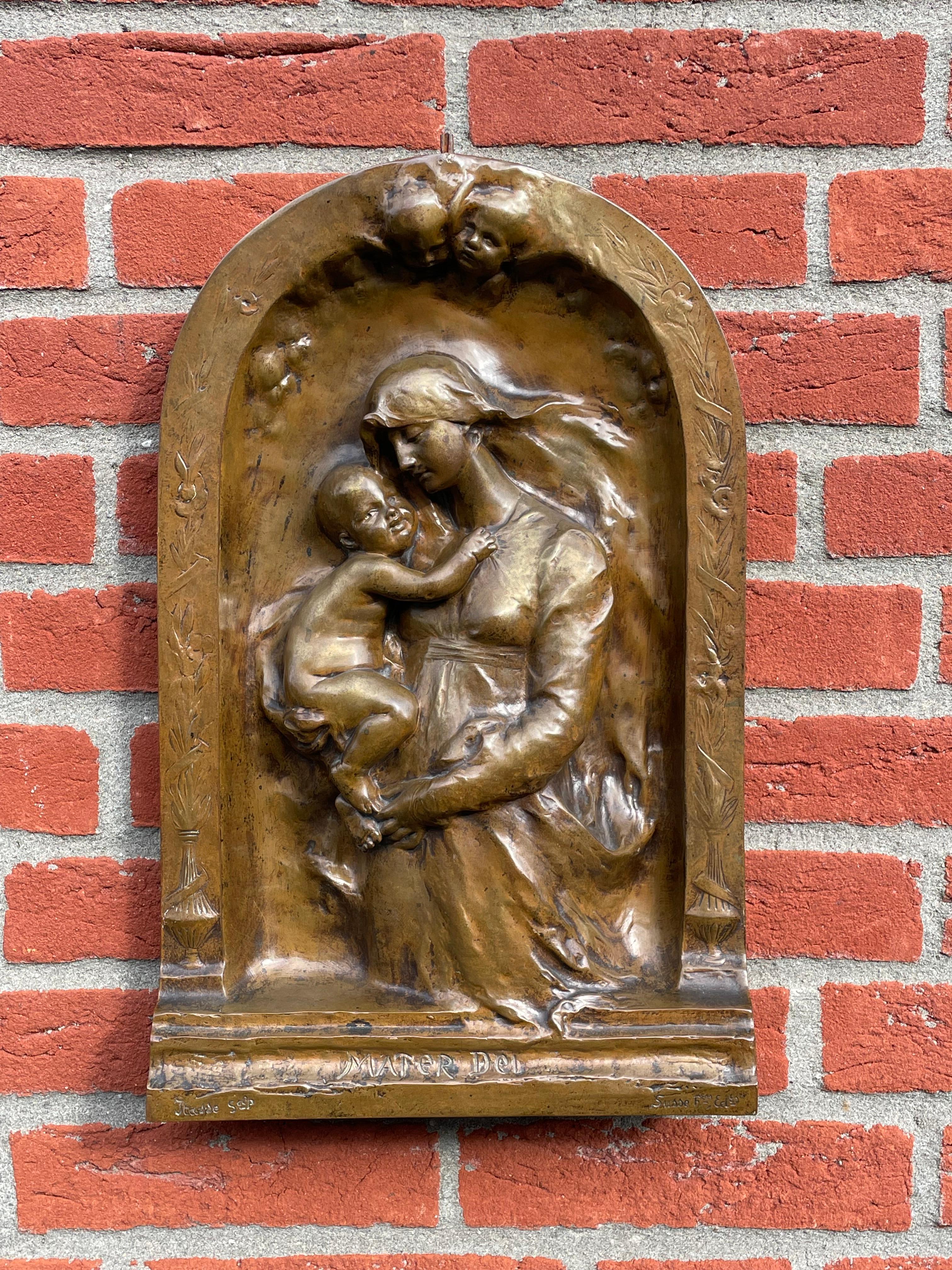XIXe siècle Plaque murale ancienne en bronze Marie et Jésus par Susse Frères pour Adolphe Itasse 1880s en vente