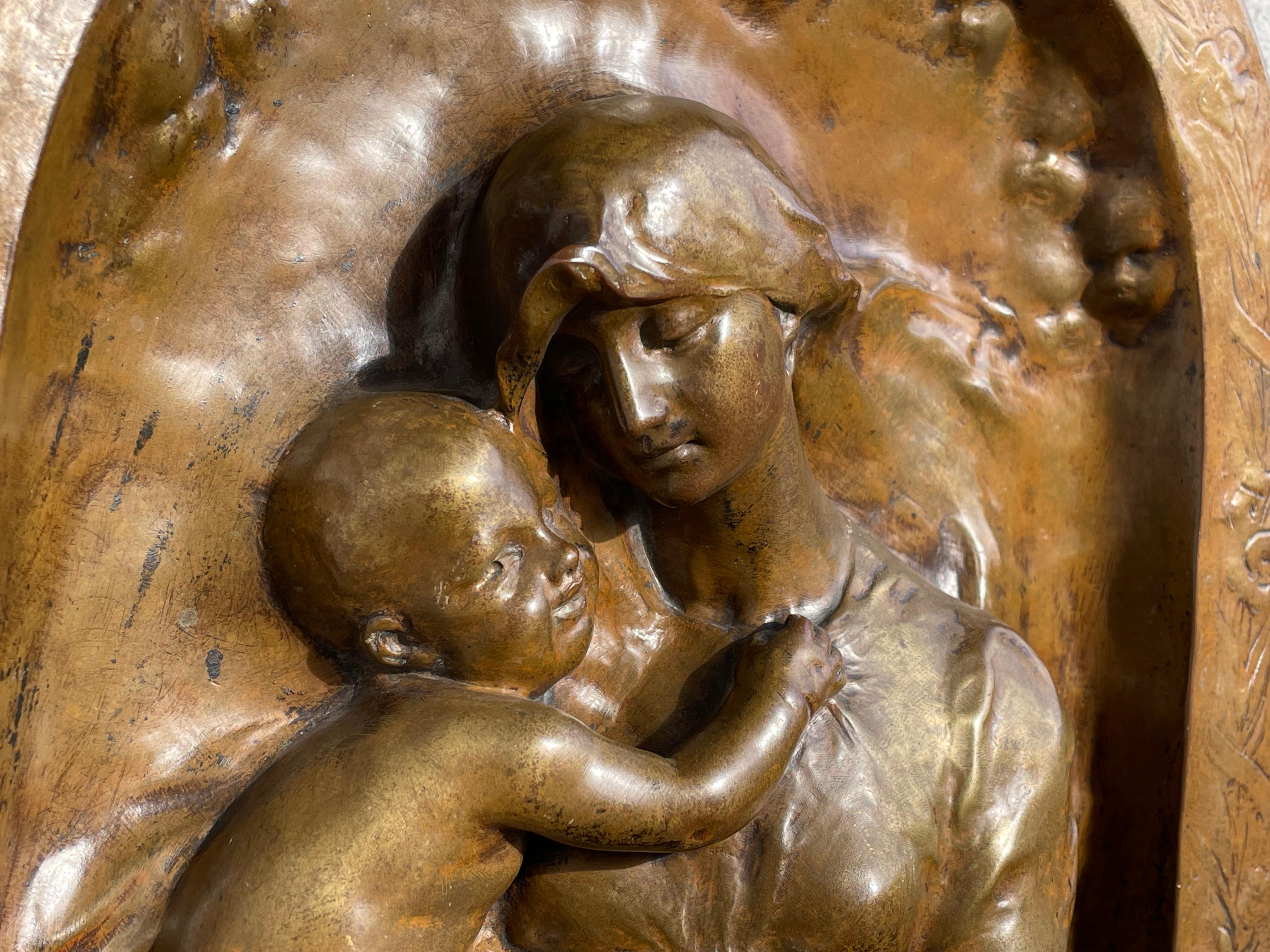 Antike Wandplakette Maria & Jesus aus Bronze von Susse Freres für Adolphe Itasse, 1880er Jahre im Angebot 1