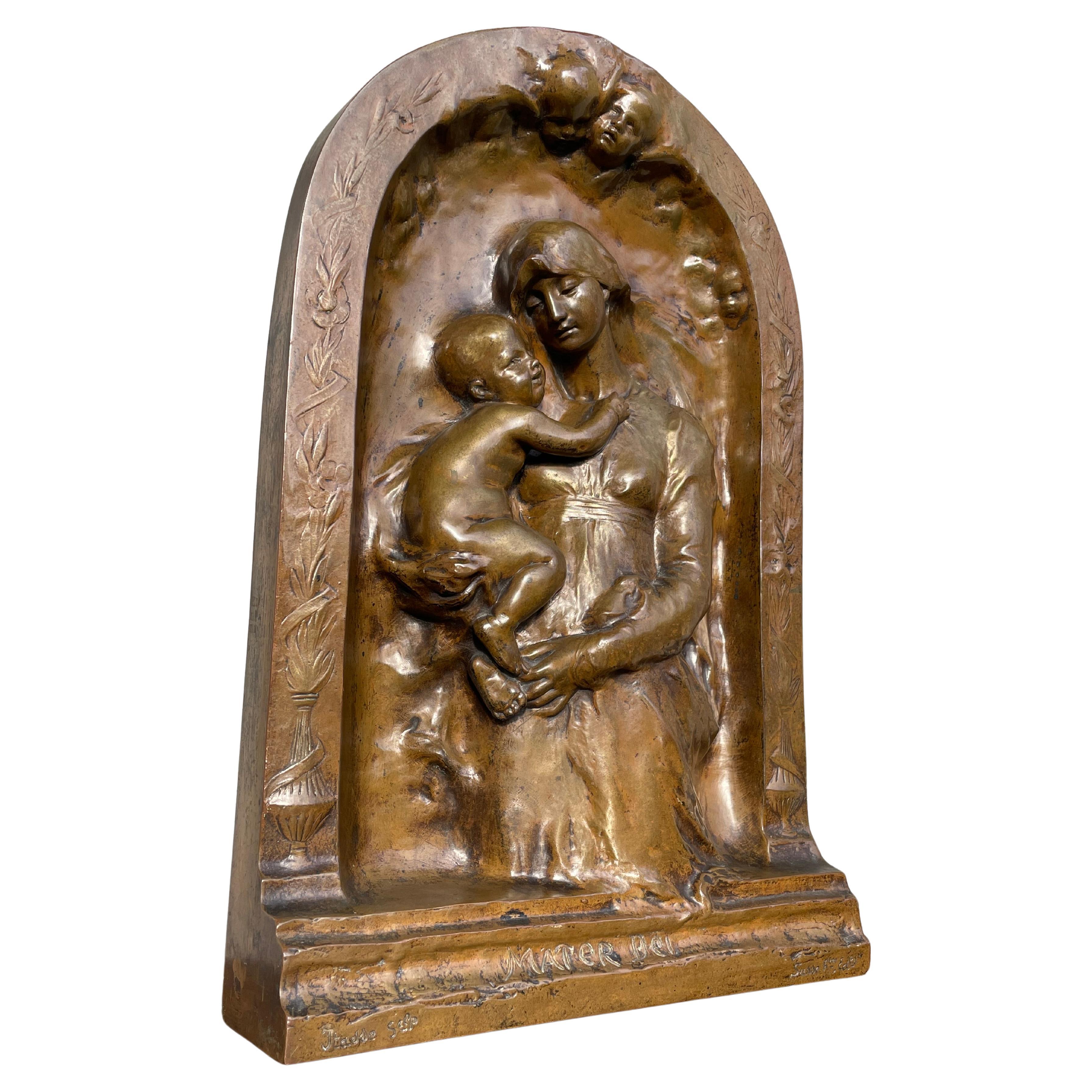Plaque murale ancienne en bronze Marie et Jésus par Susse Frères pour Adolphe Itasse 1880s