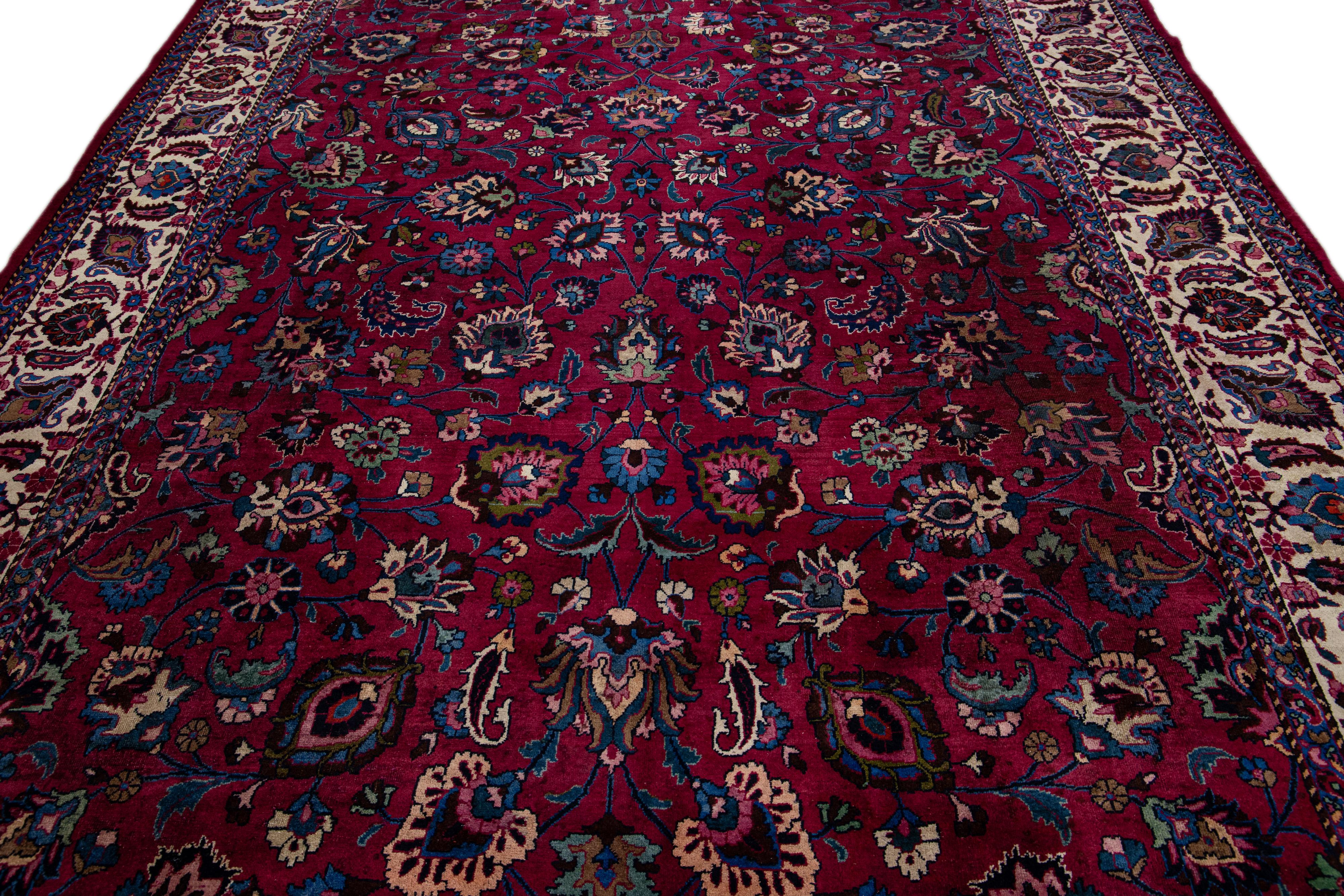 Persian Antique Mashad Handmade Allover Floral Red Wool Rug For Sale