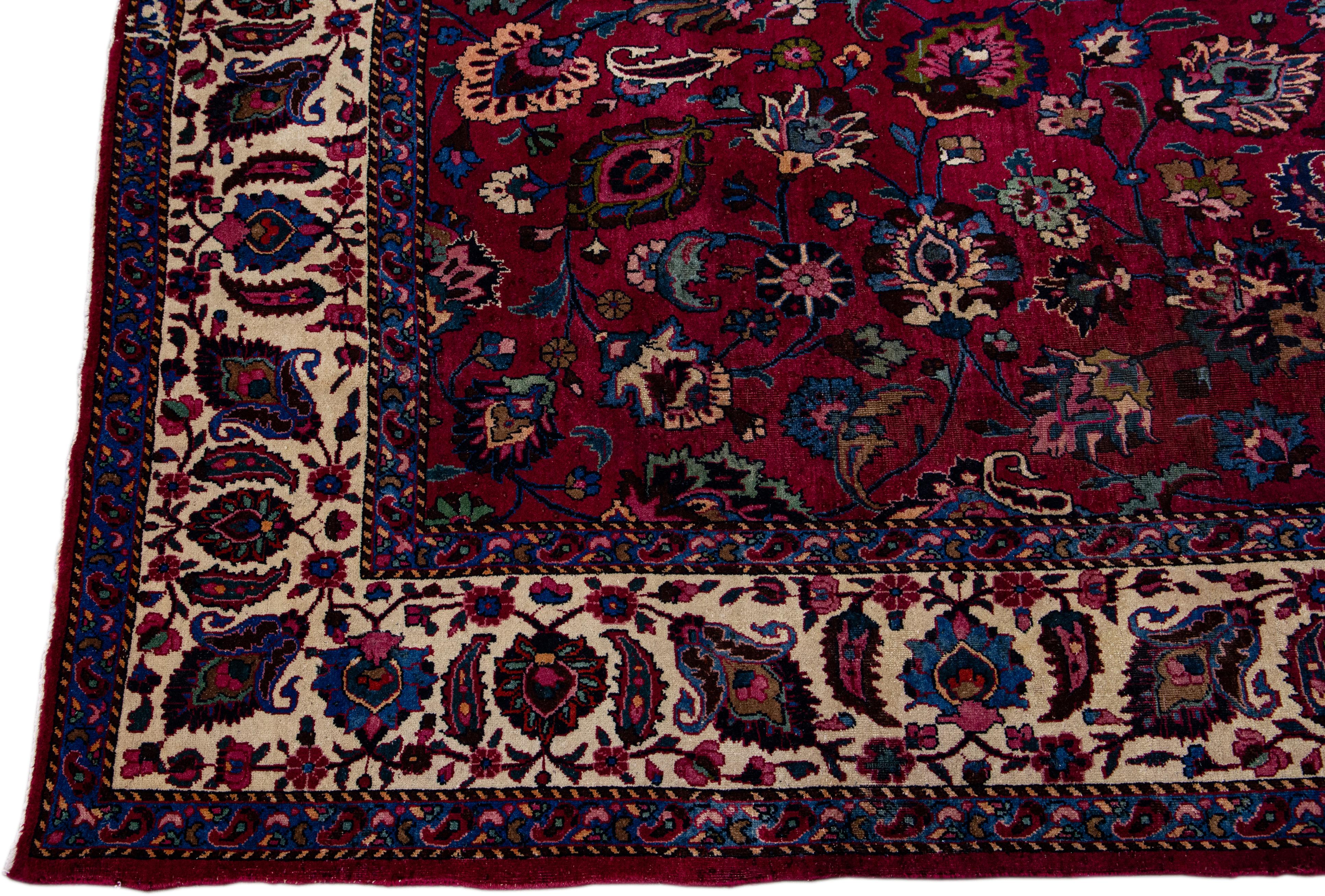 Hand-Knotted Antique Mashad Handmade Allover Floral Red Wool Rug For Sale