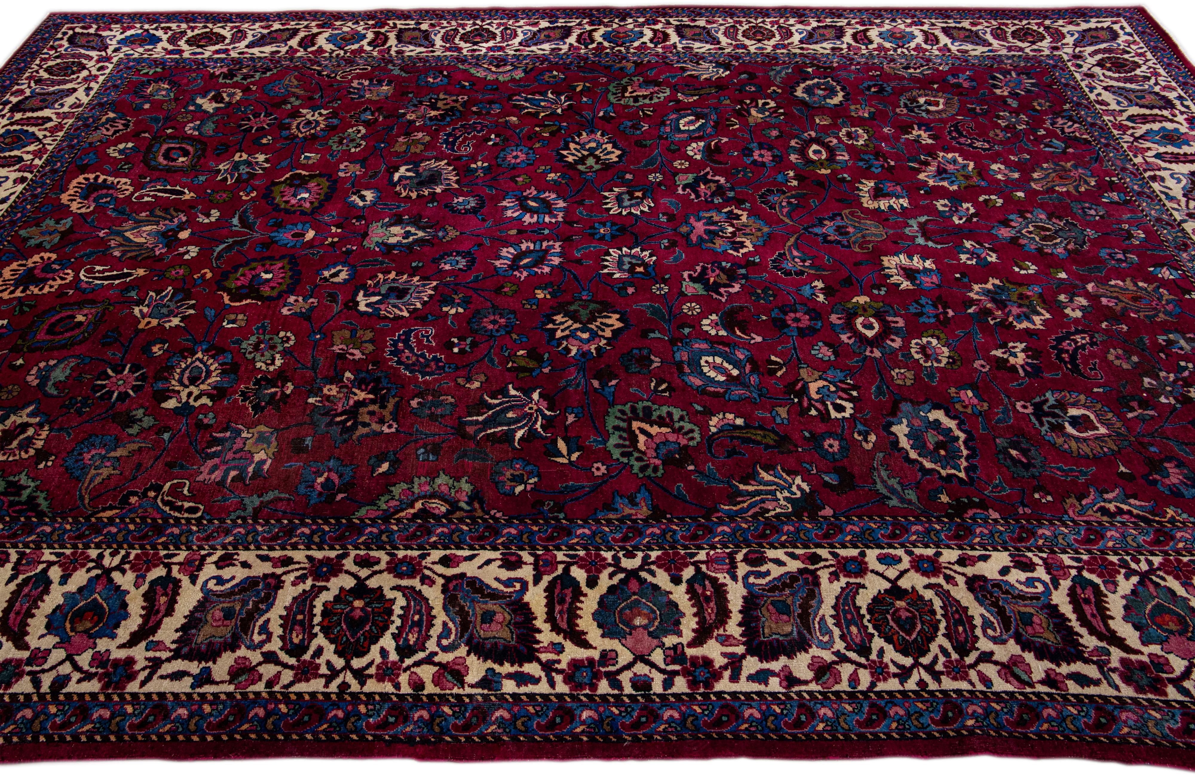 Antique Mashad Handmade Allover Floral Red Wool Rug In Good Condition For Sale In Norwalk, CT