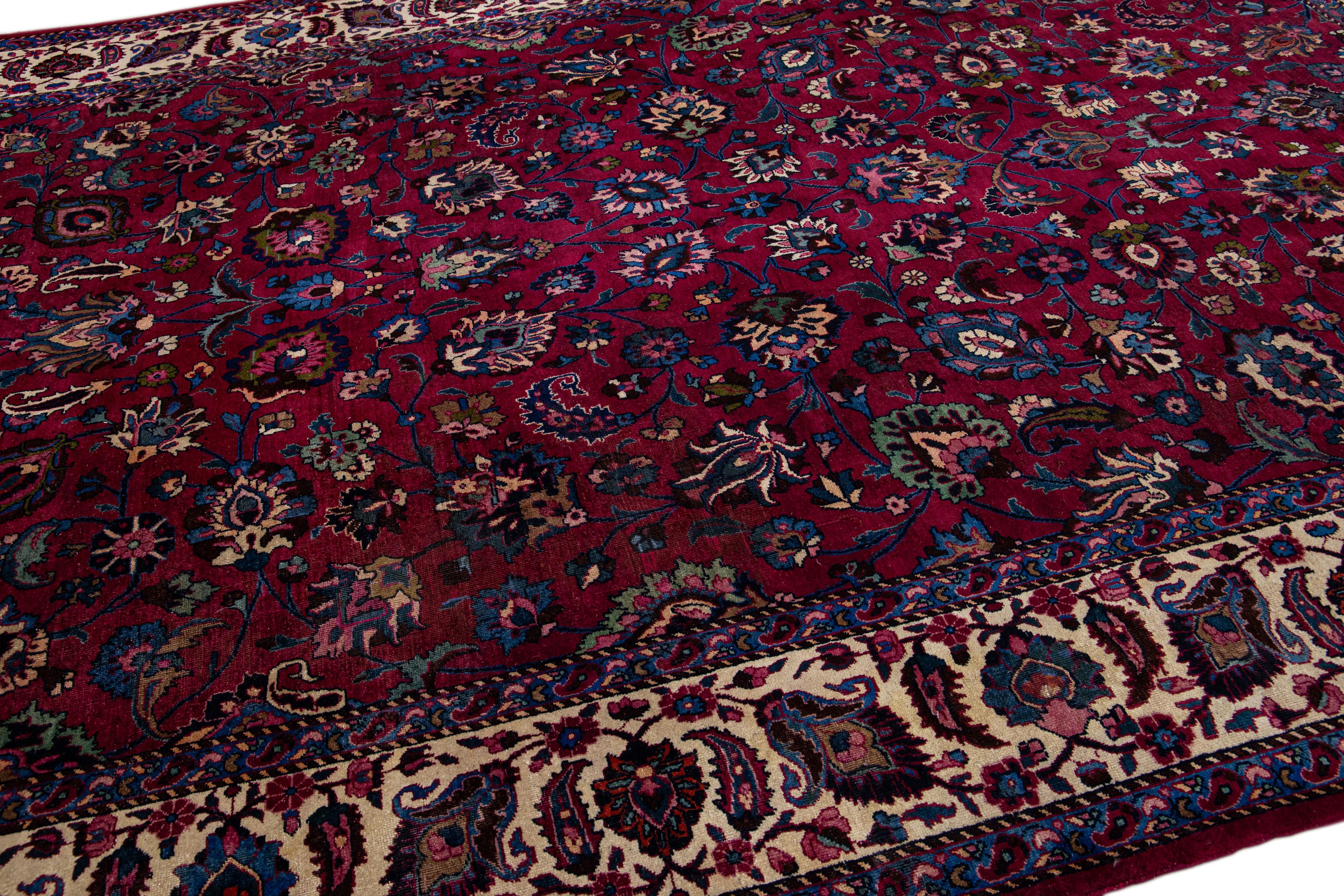 Antique Mashad Handmade Allover Floral Red Wool Rug For Sale 2