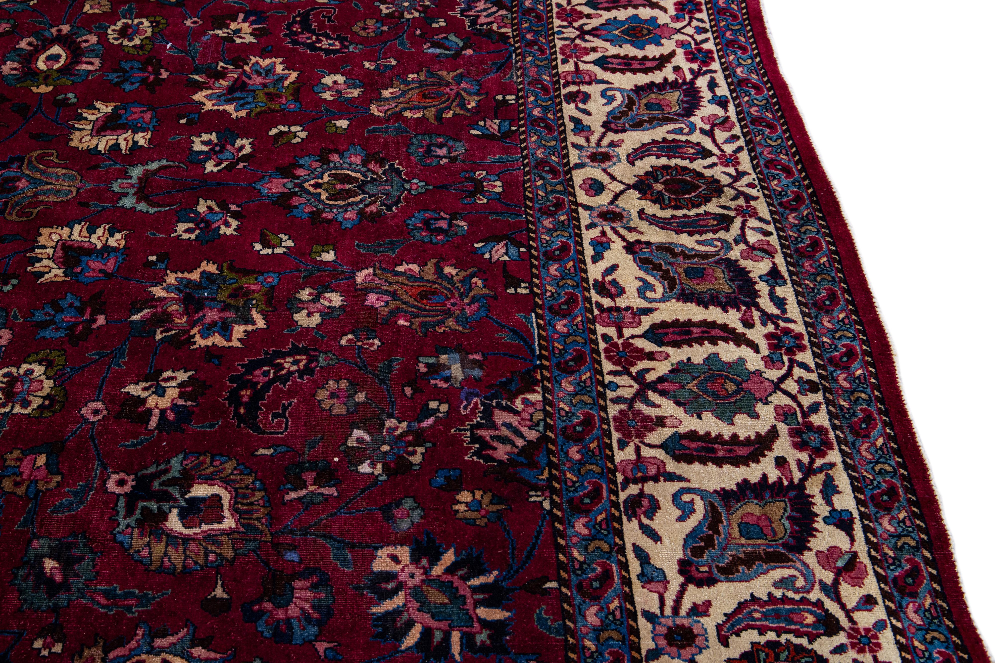 Antique Mashad Handmade Allover Floral Red Wool Rug For Sale 3