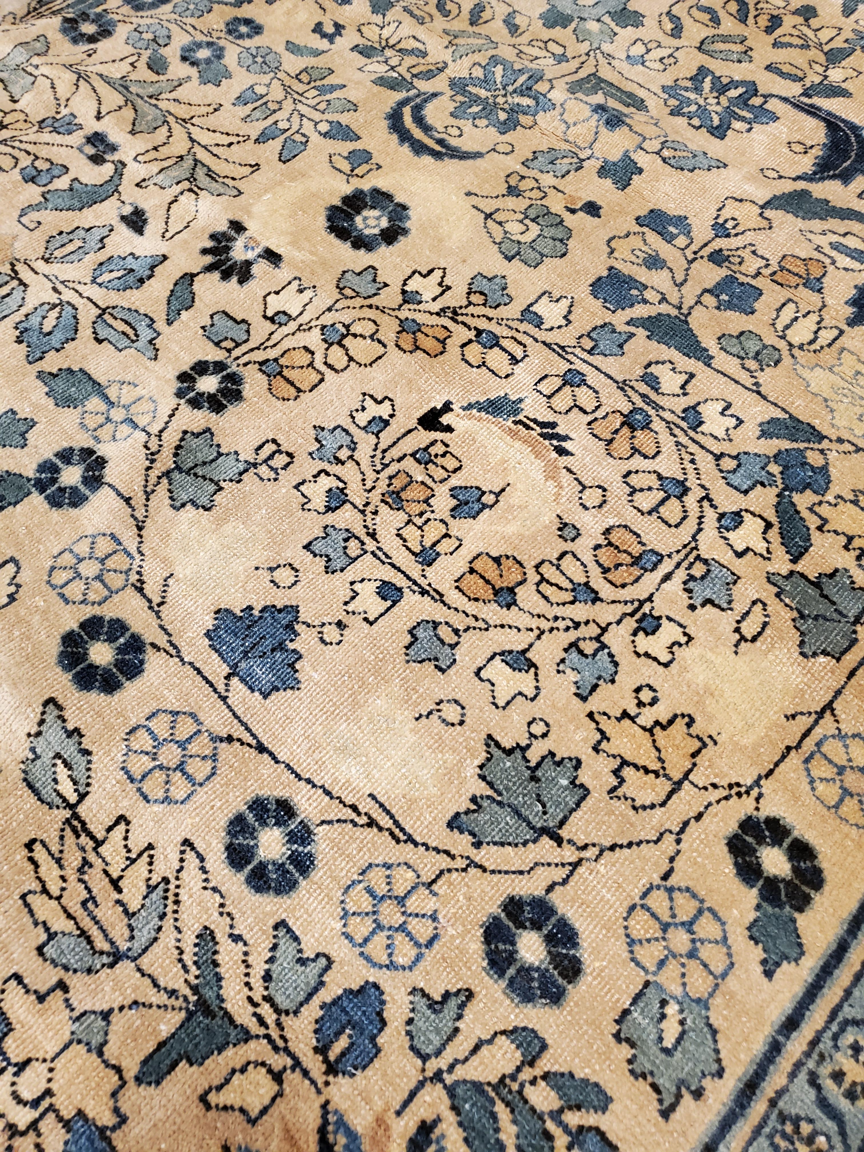 20th Century Antique Mashad Persian Carpet, Fine weave, Softs Blues, Beige, Soft Taupe For Sale
