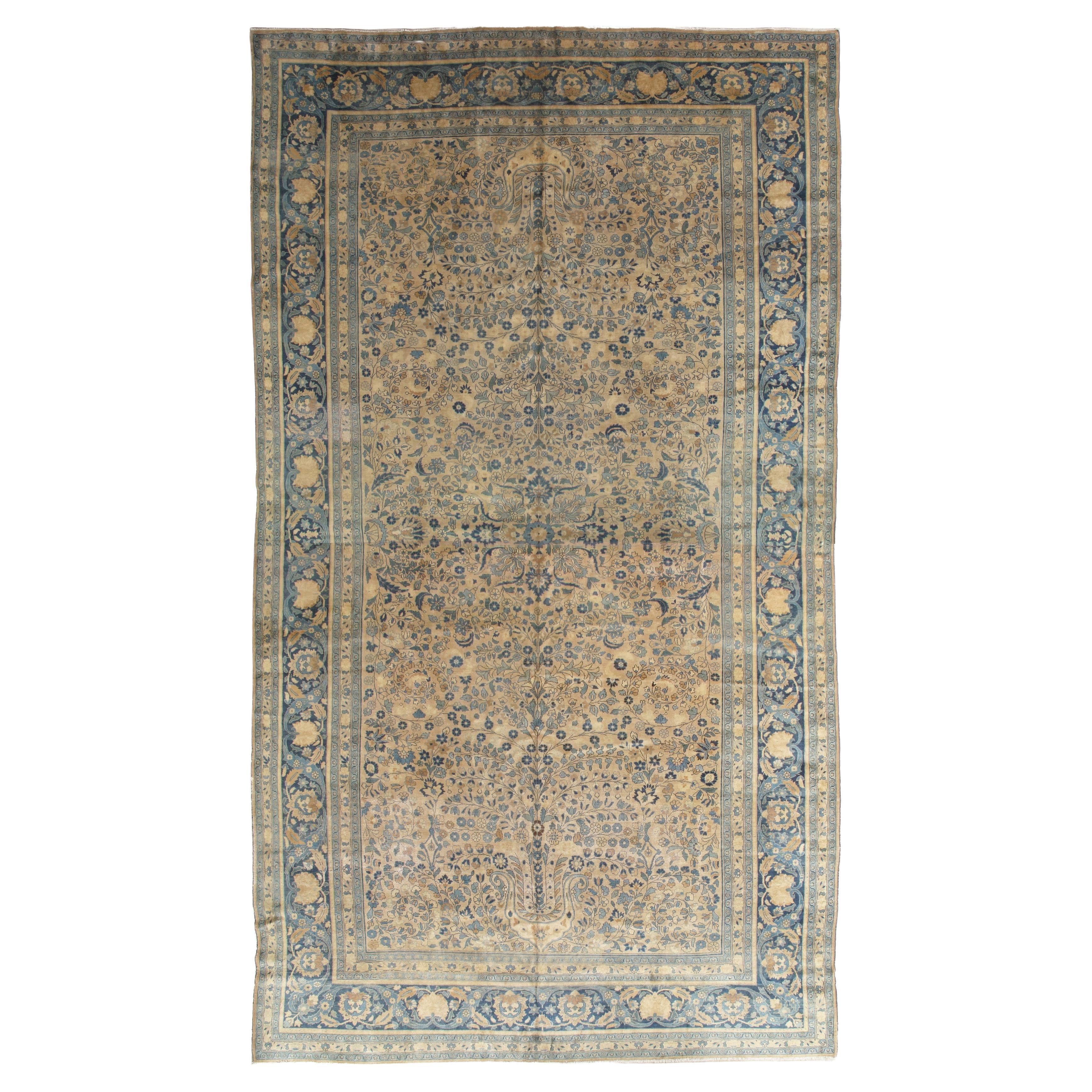 Antique Mashad Persian Carpet, Fine weave, Softs Blues, Beige, Soft Taupe For Sale