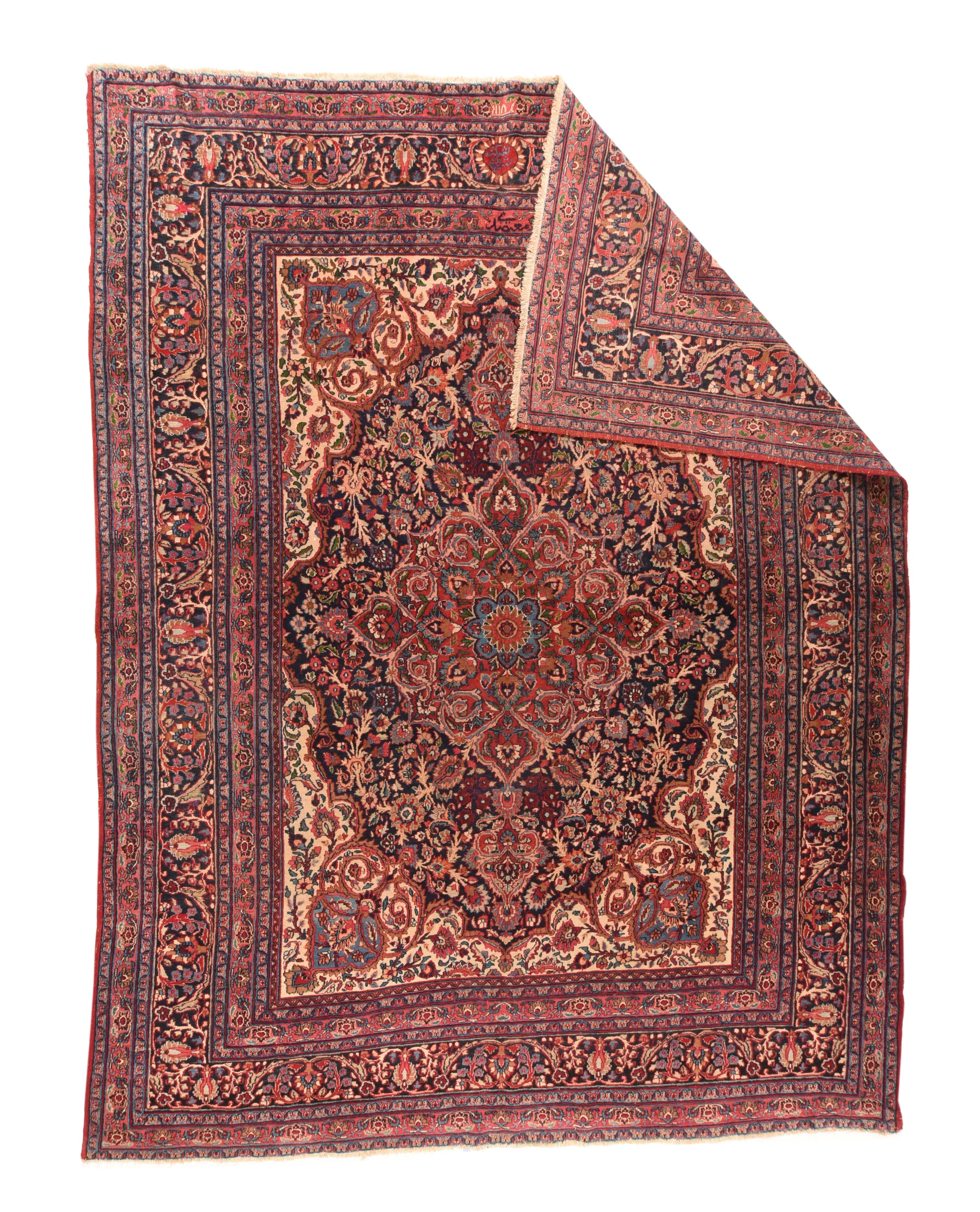 Antique Mashad Rug 8'7'' x 11'3''. Seat of Khurassan Province and major religious centre. Medallion and overall pattern carpets, curvilinear drawing. Both Persian and Turkish knot types are used. Emogli and Saber were the two most famous master