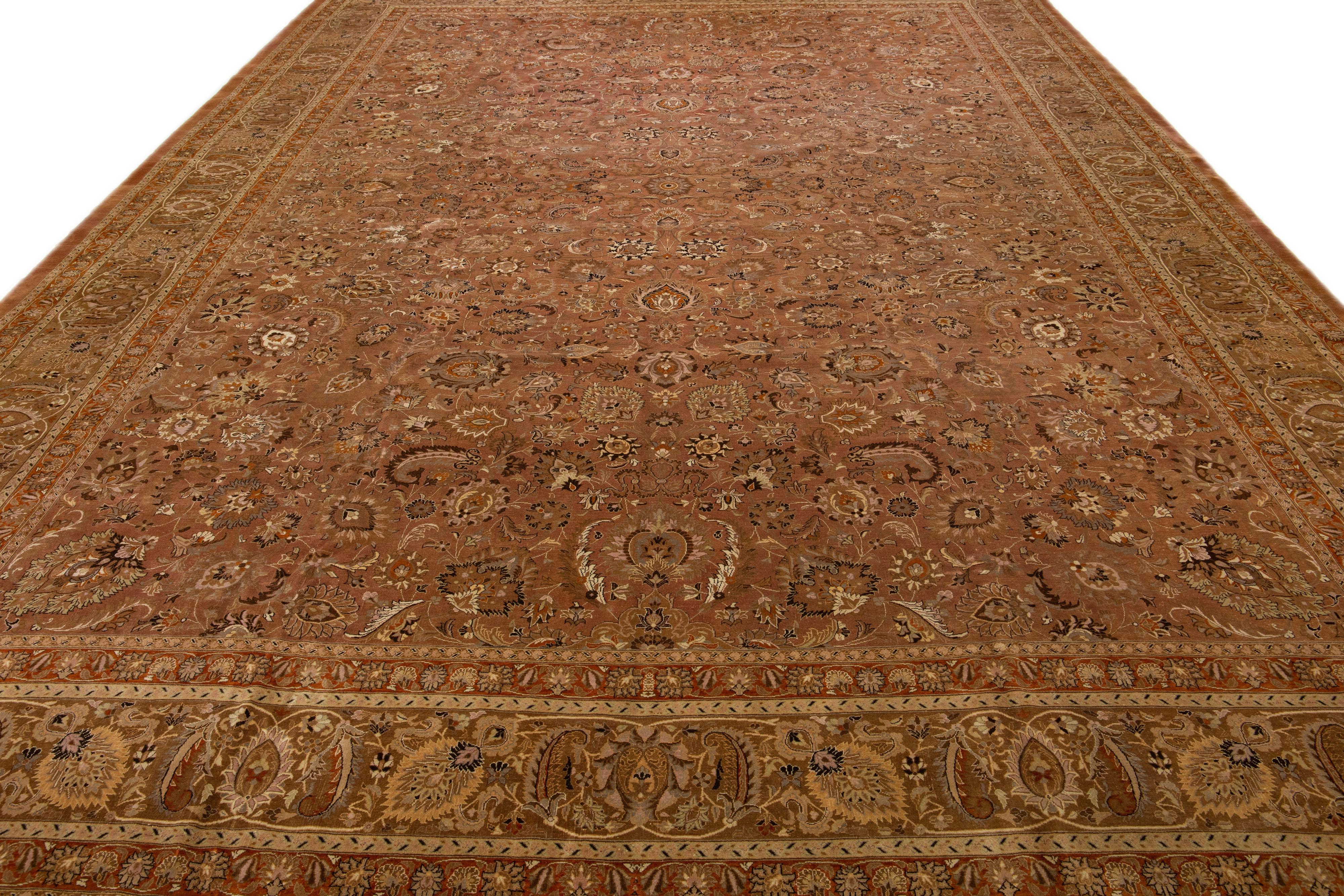 Islamic Antique Mashad Rust Handmade Rosette Oversize Wool Rug For Sale