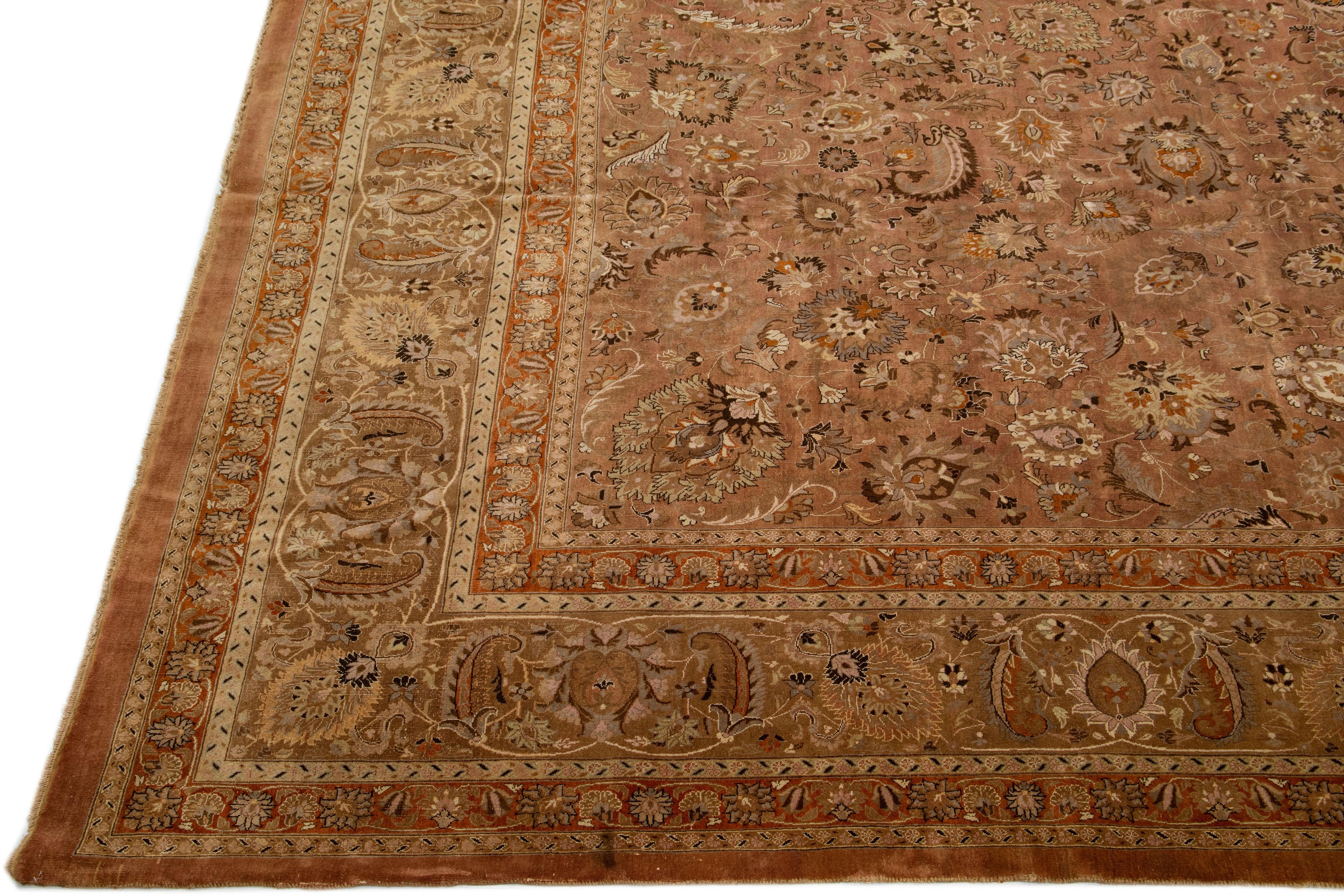 Persian Antique Mashad Rust Handmade Rosette Oversize Wool Rug For Sale